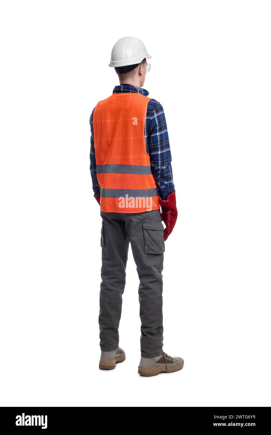 Young man wearing safety equipment on white background, back view Stock ...