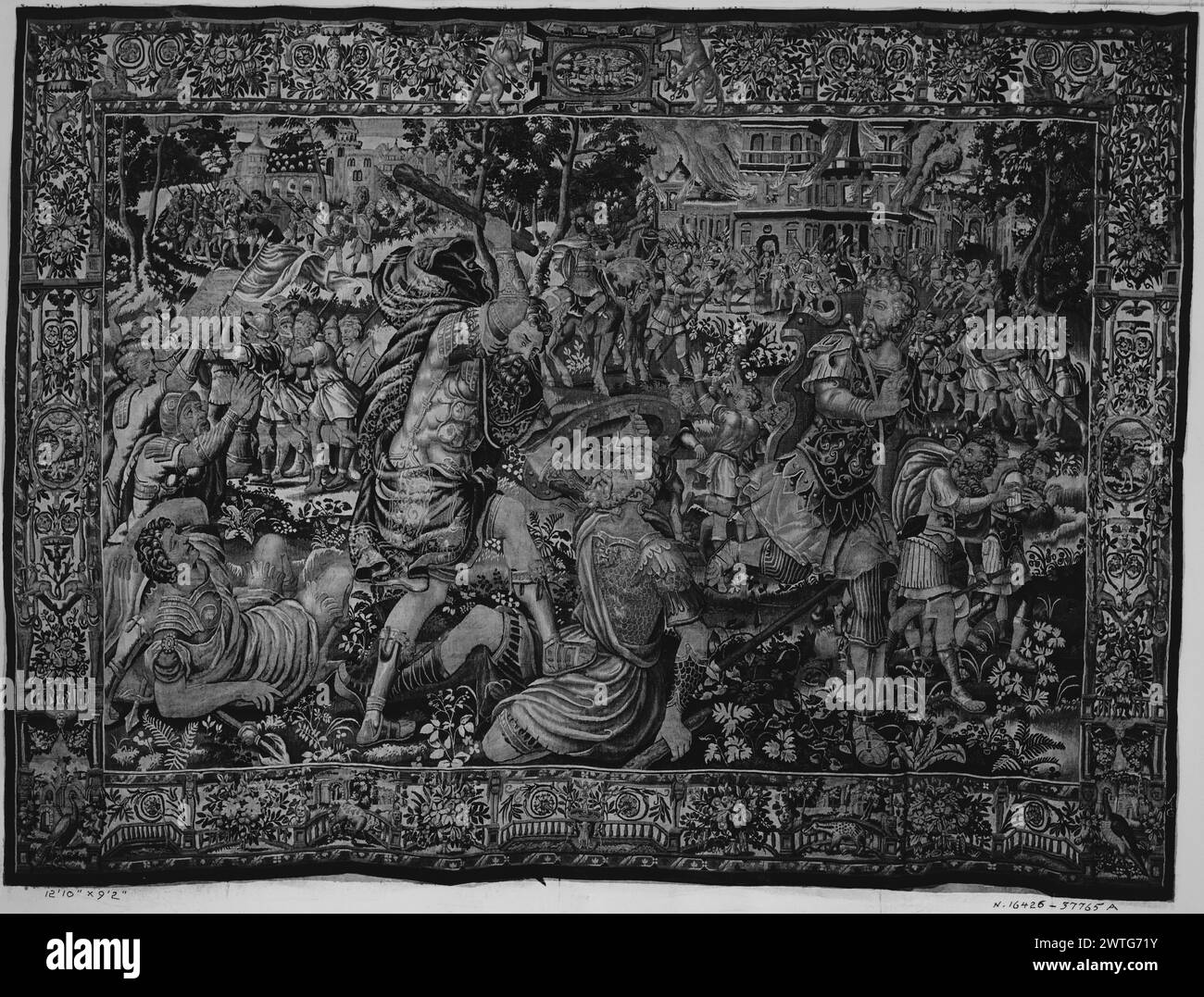 Samson in conflict with Philistines . Guebels, François (Netherlandish (before 1600) - Flanders, act.1545-1577) (workshop, attr.) [weaver] c. 1570-1600 Tapestry Dimensions: H 9'2' x W 12'10' Tapestry Materials/Techniques: unknown Culture: Flemish Weaving Center: Brussels Ownership History: French & Co. purchased from Spanish Art Gallery (L. [Lionel?] Harris), invoiced 8/18/1930; sold to Transglobal Mercantile Export Co. 2/6/1962. Inscriptions: Weaver mark on right guard, bottom In landscape, Samson avenges himself on Philistines & smites them 'hip & thigh with great slaughter' (Judges 15:1-8) Stock Photo