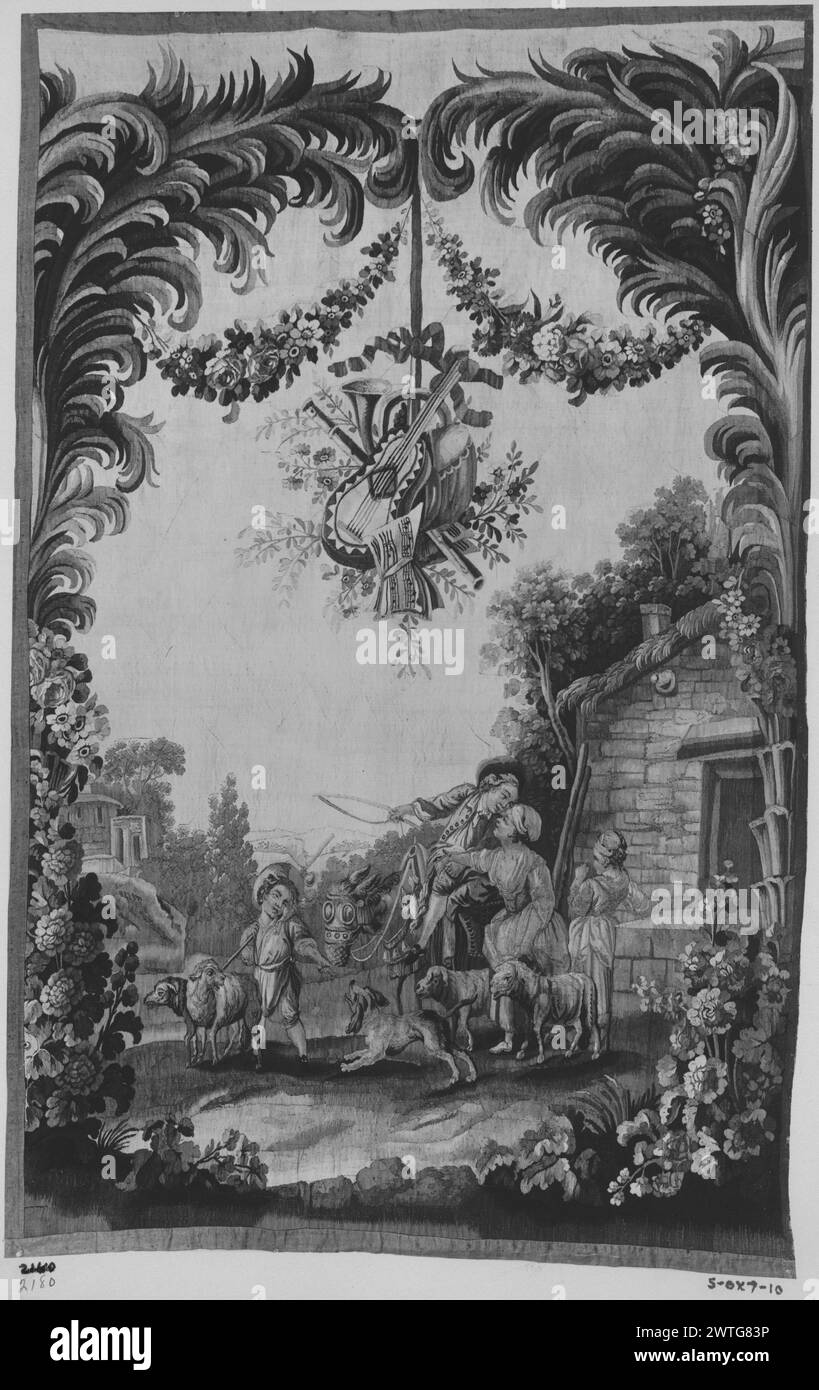 Shepherd leaving farmhouse. Huet, Jean-Baptiste (French, 1745-1811) (designed after) [painter] c. 1785-1800 Tapestry Dimensions: H 7'10' x W 5' Tapestry Materials/Techniques: unknown Culture: French Weaving Center: Aubusson Ownership History: French & Co. purchased from Alice G. Hubbard (Margaret B. Gould, agent), received 6/17/1917; sold to Mrs. H. J. Bradbury 8/20/1918. In landscape with farmhouse & trees, a shepherd mounted on mule, holding a whip & with sheep bids farewell to farm-girl; youth near sheep & with staff on shoulder plays with dog; additional farm-girl with back turned leans on Stock Photo