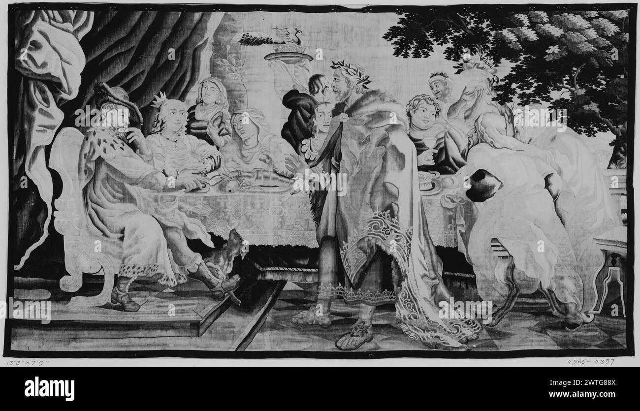 Banquet of Agamemnon with Clytaemnestra and Aegisthus . unknown c. 1660 Tapestry Dimensions: H 7'9' x W 13'8' Tapestry Materials/Techniques: unknown Culture: Flemish Weaving Center: unknown Ownership History: French & Co. purchased from Mrs. N. L. McCready 7/3/1917; sold to J. Goldman 3/18/1925. King (?) & queen seated at head of table (L) as man in robe & wearing laurel wreath approaches; banqueters seated around table as 1 attendant brings in peacock on platter & another brings a bowl of fruit; curtain on L & tree on R Borders missing. French & Co. sent to Chateauvert for cleaning & repairin Stock Photo