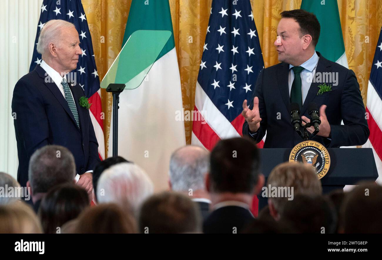 Leo Varadkar, Taoiseach of Ireland, delivers remarks as President Joe