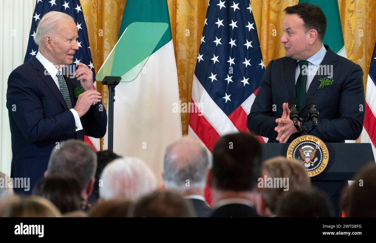 Leo Varadkar, Taoiseach of Ireland, delivers remarks as President Joe