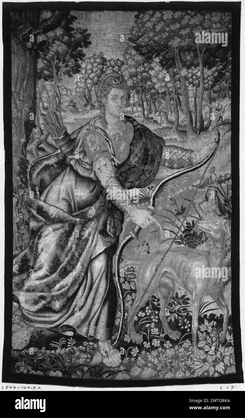 Diana stringing her bow. unknown c. 1600 Tapestry Dimensions: H 9' x W 6' Tapestry Materials/Techniques: unknown Culture: Flemish Weaving Center: Brussels Ownership History: French & Co. received from Mme. Emanuel Havenith 2/8/1918; returned spring 1920. Diana strings her bow & wears quiver of arrows on her back, accompanied by large hunting dog (center, foreground); forest with figures [including Diana?] hunting (R, background) Panel is possibly a late weaving of a c.1560 design (Campbell). Borders missing (Cavallo). French & Co. stock sheet in archive, 10413-a Related Works: Panels in set: G Stock Photo