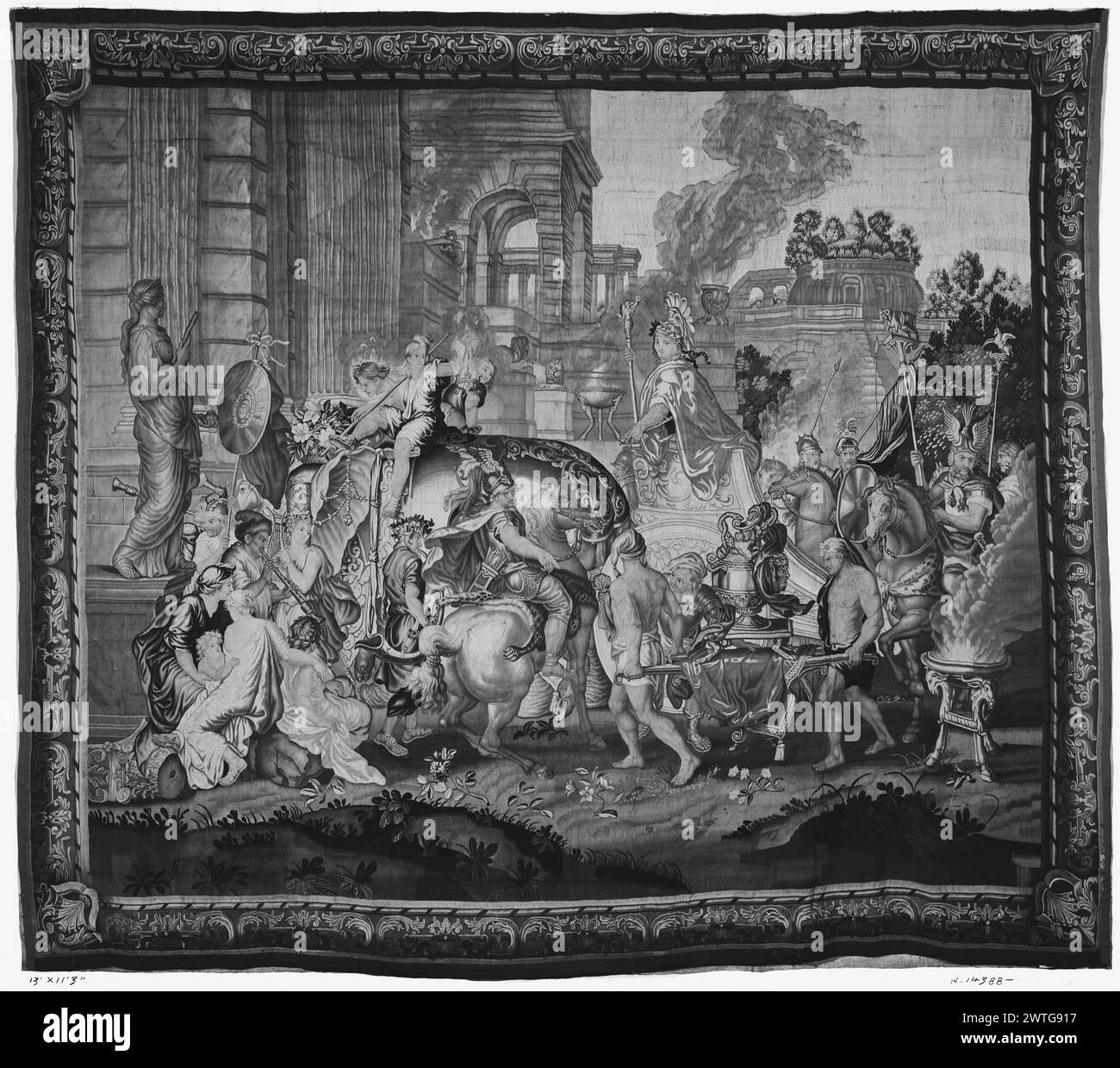 Entry of Alexander into Babylon. Le Brun, Charles (French, 1619-1690) (designed after) [painter] c. 1700-1725 Tapestry Dimensions: H 11'3' x W 13' Tapestry Materials/Techniques: unknown Culture: Flemish Ownership History: French & Co. received from P. Lorillard, invoiced 11/18/1929. United States, New York, New York, Harvard Club of New York City. Alexander triumphantly enters Babylon in his chariot drawn by elephant (center, middle ground); Alexander points down to man on horse, Governor of Babylon, who directs 2 men carrying large vase (center, foreground); large statue of Queen Semiramis (R Stock Photo