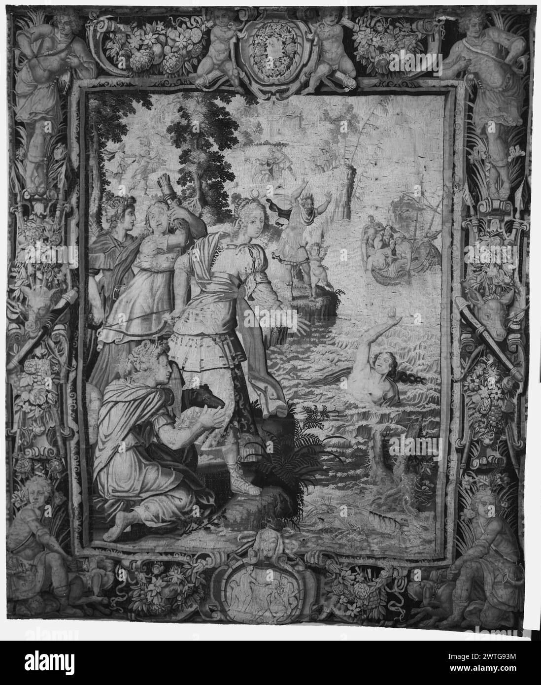 Drowning of Britomartis. Dubreuil, Toussaint (French, 1561-1602) (author of design) [painter] c. 1630-1650 Tapestry Dimensions: H 12'10' x W 11'9' Tapestry Materials/Techniques: unknown Culture: French Weaving Center: Paris Ownership History: French & Co. purchased from Sol Mindlin, received 1/4/1961; sold to Service des Monuments Historiques 6/7/1963. At edge of water, Diana, accompanied by 3 hunting maidens & hunting dog, reaches out towards drowning Britomartis (foreground); farther along the bank King Minos with raised arms, accompanied by Cupid, observes drowning Britomartis; farther in d Stock Photo
