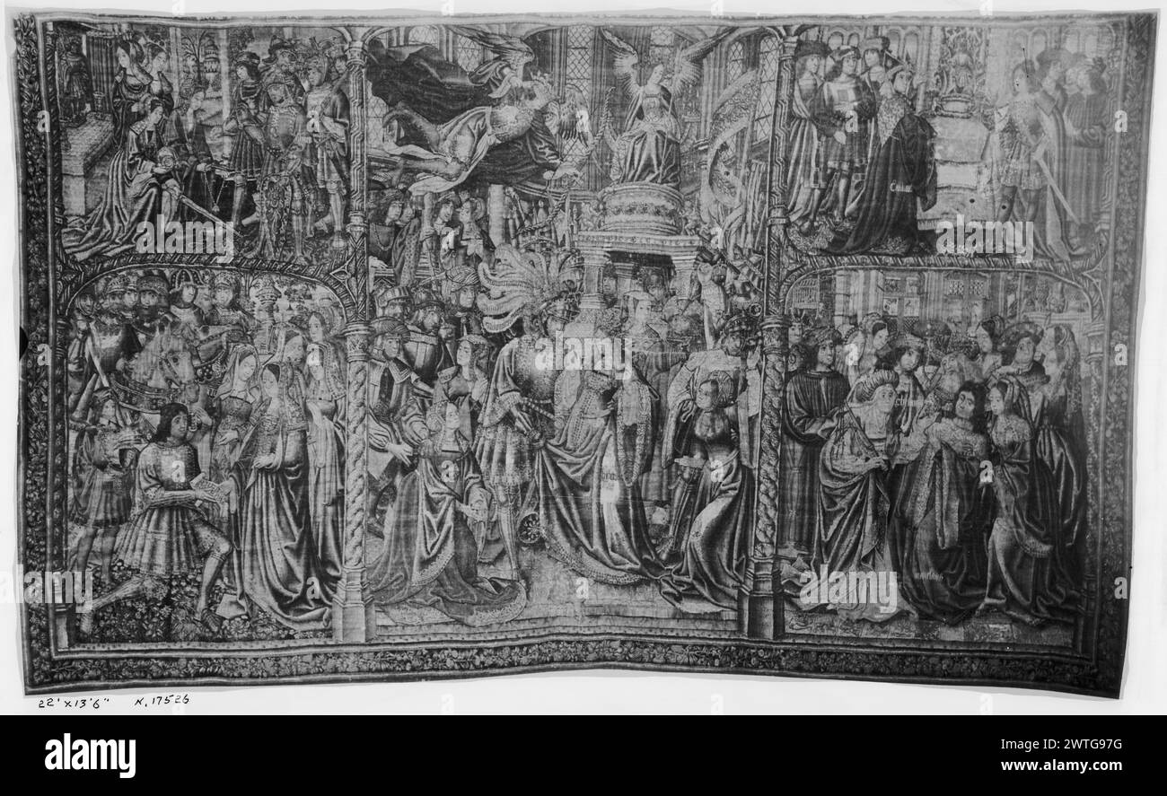 Marriage of Paris and Helen. unknown c. 1510-1520 Tapestry Dimensions: H 418 x W 670 cm Tapestry Materials/Techniques: wool (warp, 6-7/cm); wool & silk Culture: Southern Netherlands Ownership History: French & Co. Spain, Zaragoza, Zaragoza, Cathedral of La Seo. Inscriptions: City mark on lower guard, left of center Marriage of Paris & Helen (center); Paris brings message to Venus (Aphrodite) (lower L); Chryseis kneels with sword before Ulysses in front of Paris (upper L); Menelaus, Agamemnon, & his slave Chryseis with other persons in mansion (lower R); prediction of soothsayer Calchas presenc Stock Photo