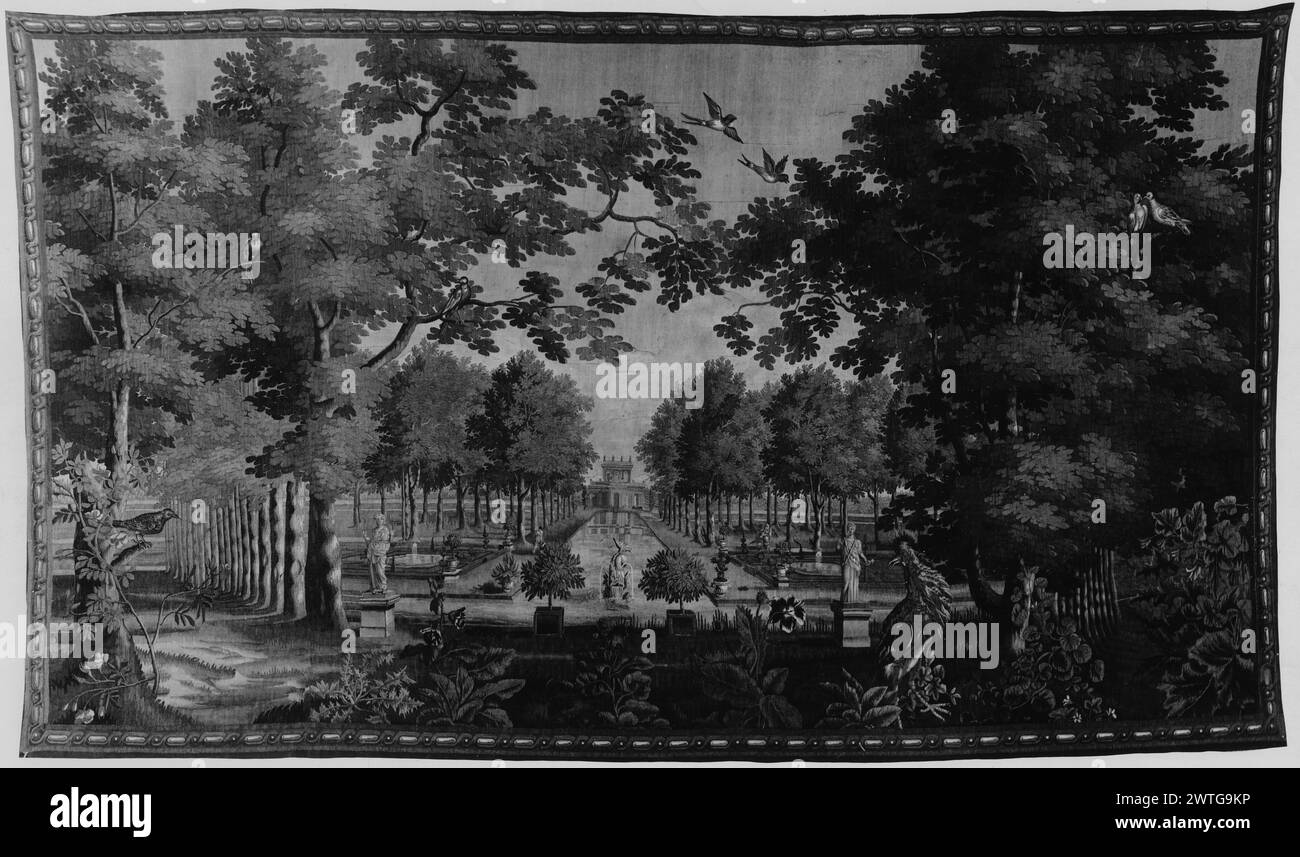 Garden park with view towards waterway and classical structure. unknown c. 1700 Tapestry Dimensions: H 7'10' x W 13'4' Tapestry Materials/Techniques: unknown Culture: Flemish Weaving Center: unknown Ownership History: French & Co. Related Works: Panels in set: GCPA 0184676, 0236455-0236459, 0236668-0236670 Stock Photo