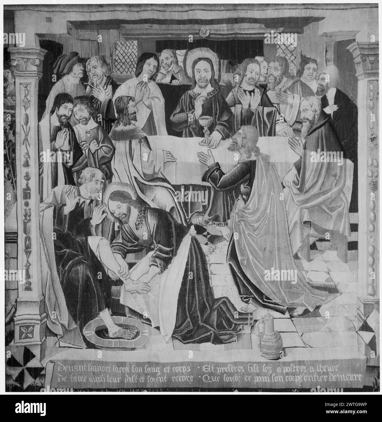 Passion of Christ: Last Supper (Institution of Eucharist). unknown c. 1500-1535 Tapestry Dimensions: H 7'8' x W 6'7' Tapestry Materials/Techniques: wool (undyed, warp: 6/cm); wool & silk (dyed, weft) Culture: Southern Netherlands Ownership History: Abbey of Notre-Dame-de-la-Charité, Ronceray at Angers (believed to be gift of Dame Loyse le Roux). Comtesse Walsh de Serrant, of Château Plessy-Macé near Anjou (1793 or 1850?); sold by Larcher de Coupigny 9/30-10/5/1880. M. Lévy coll., Paris. French & Co. purchased from Mrs. B. C. Fray [Jack Chrysler crossed out] 9/26/1940 [also lists: 1/15/1941]. H Stock Photo