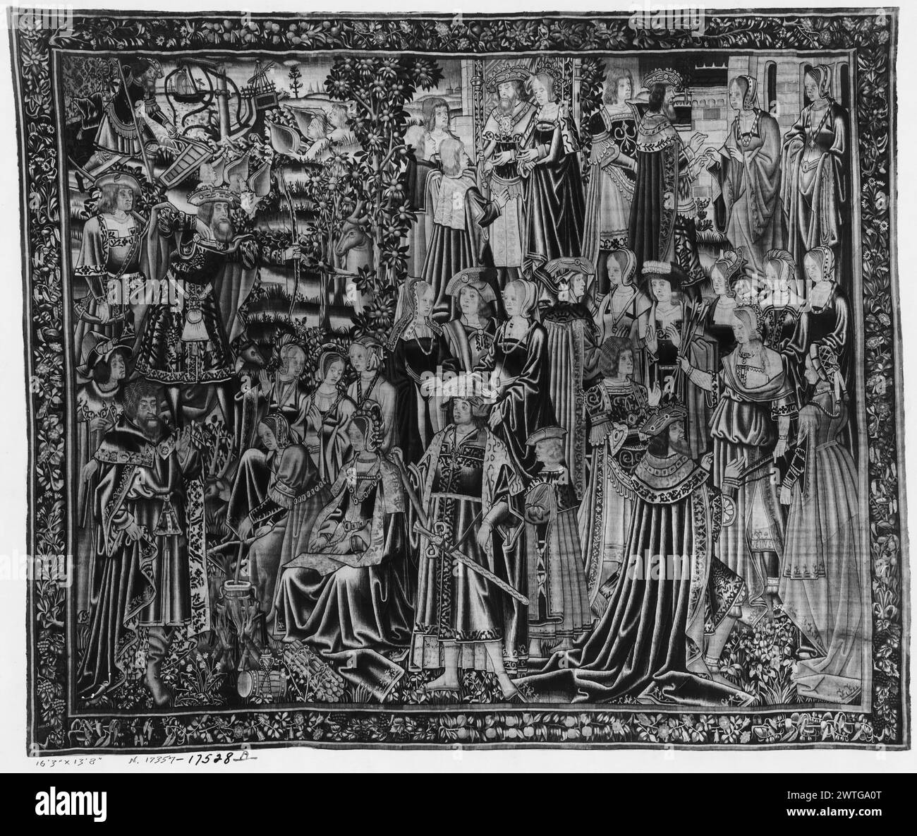 Arrival of Aeneas at Dido's court and other scenes. unknown c. 1500-1525 Tapestry Dimensions: H 13'8' x W 16'3' Tapestry Materials/Techniques: unknown Culture: Southern Netherlands Weaving Center: unknown Ownership History: French & Co. purchased from Morgan Coll. of Tapestries (from Knole Coll.) 8/15/1916; sold to W. H. Smith 1/1/1920 [SS 7031]. French & Co. received from W. Hickle Smith, invoiced 2/20/1932; 'A' returned 11/9/1939 [SS 17528]. Inscriptions: Inscription in central field, identifying figure [on hem of skirt; partially legible in photograph]: VENVS Group of courtiers, young beard Stock Photo