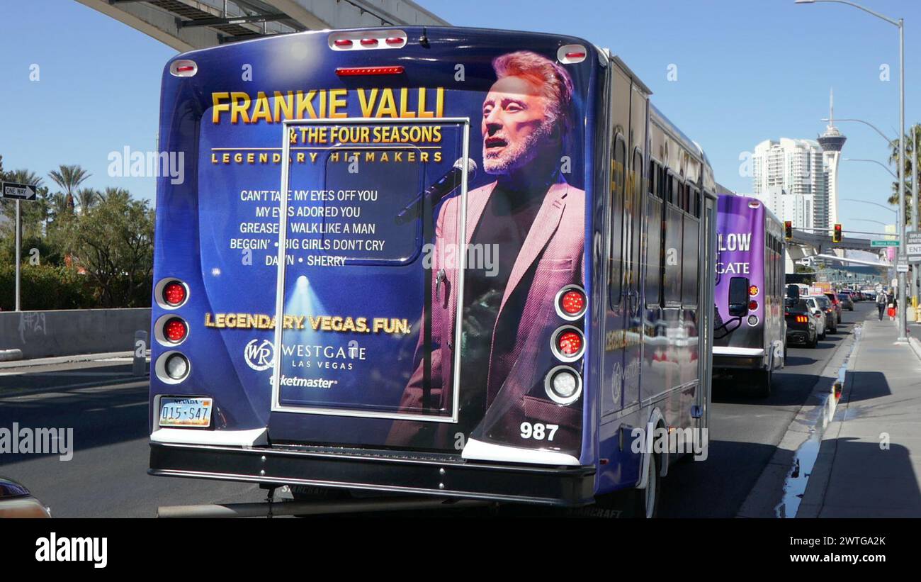 Las Vegas, Nevada, USA 8th March 2024 Frankie Valli and the Four Seasons Truck Billboard on Paradise Road on March 8, 2024 in Las Vegas, Nevada, USA. Photo by Barry King/Alamy Stock Photo Stock Photo