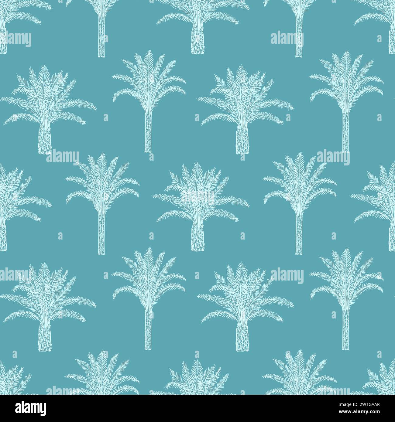 Seamless pattern with palm trees trees and leaves. Toile de Jouy retro engraving style. Stock Vector