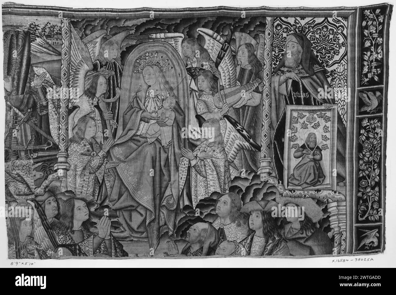 Glorification of Virgin Mary. unknown c. 1500-1510 Tapestry Dimensions: H 5'10' x W 8' (left half of top portion) Tapestry Materials/Techniques: unknown Culture: Southern Netherlands Ownership History: Bramshill chapel; sold, London Sotheby's, 3/13/1931. French & Co. purchased from Spanish Art Galleries, invoiced 3/16/1931. Scotland, Lanark, Glasgow, Burrell Collection. Inscriptions: Inscription in central field on plaque held by man right of center on GCPA 0239472: O DULCE MARIA Inscriptions: Inscription in central field on banderole held by man in lower center on GCPA 0239472: [O] PIA Inscri Stock Photo