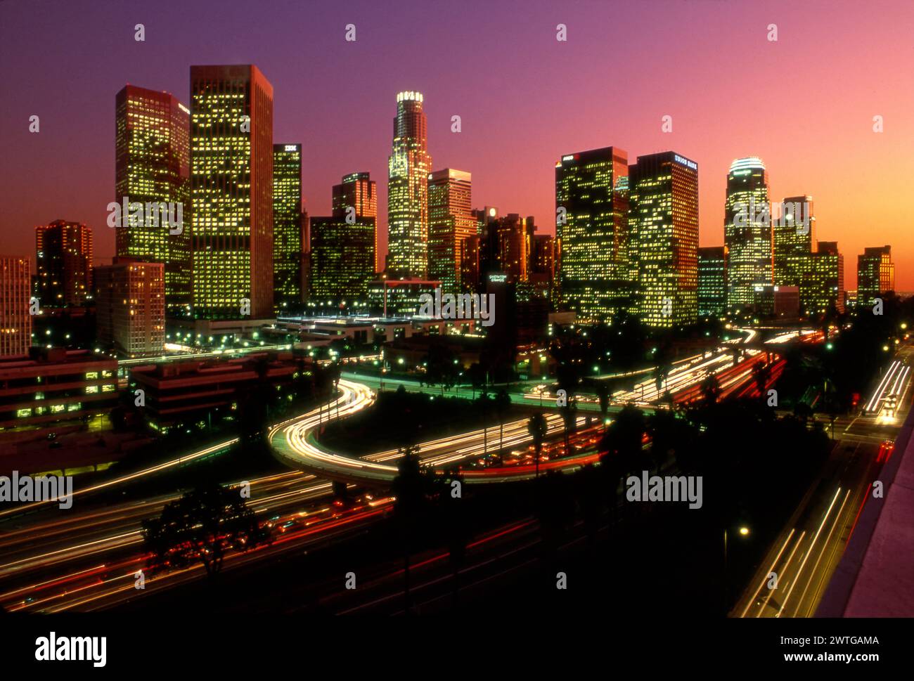 Downtown, Los Angeles, skyline, Harbor Fwy, Los Angeles, California, USA Stock Photo