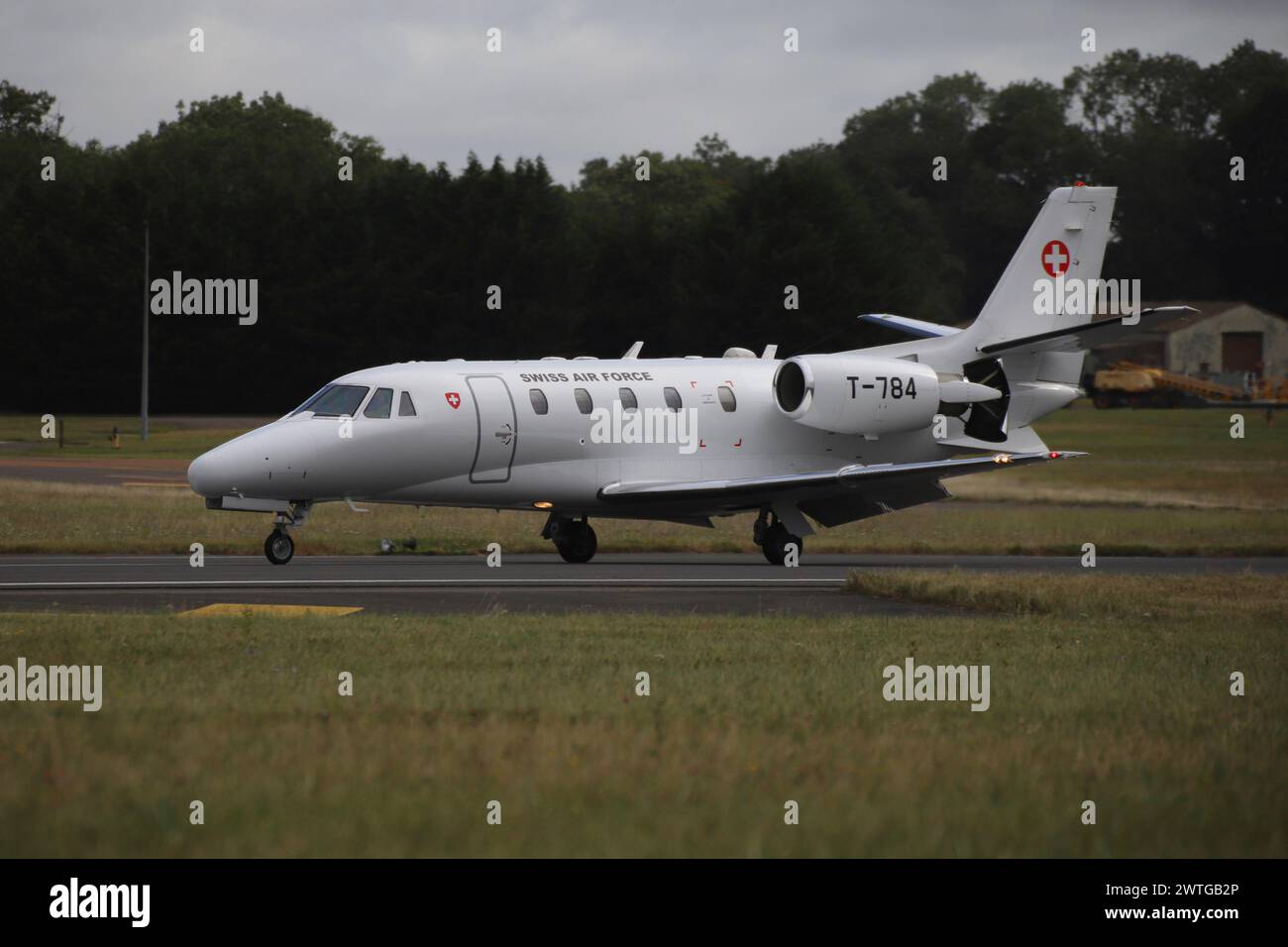 T-784, a Cessna 560XL Citation Excel operated by the Swiss Air Force in a VIP transportation role, arriving at RAF Fairford in Gloucestershire, England during the Royal International Air Tattoo 2023 (RIAT23). Stock Photo