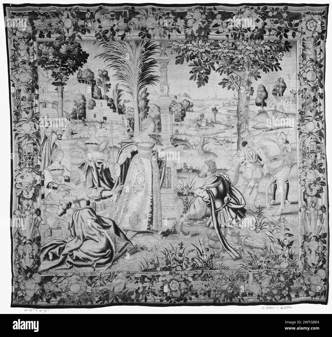 Queen Tomyris receives message from Cyrus. unknown c. 1535-1550 Tapestry Dimensions: H 13'9' x W 14'10' Tapestry Materials/Techniques: unknown Culture: Flemish Weaving Center: Brussels Ownership History: French & Co. received from Joseph Brummer, invoiced 5/25/1929; returned 5/3/1932 [SS. 16594]. French & Co. received from Mrs. Edith Strauss 10/29/1947; returned 10/21/1963 [SS 79357]. Queen Tomyris stands at steps of her palace (L of center, foreground); Cyrus' messenger kneels before her (R of center, foreground); 3 ladies-in-waiting, couple stands talking (L, middle ground); 2 men wait near Stock Photo