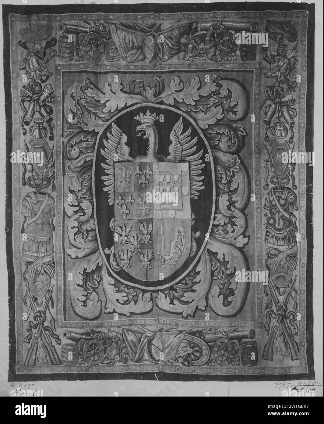 Portière with quartered coat of arms supported by crowned eagle