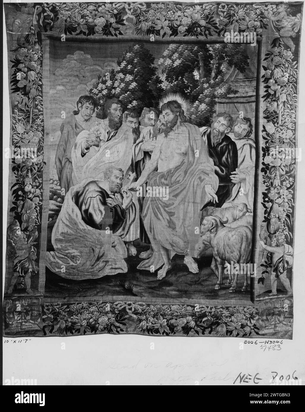 Christ gives keys of heaven to St. Peter. Raphael (Italian, 1483-1520) (designed after) [painter] c. 1650-1670 Tapestry Dimensions: H 11'7 x W 10' Tapestry Materials/Techniques: unknown Culture: Flemish Weaving Center: Brussels Ownership History: French & Co. purchased from Mrs. Adrienne H. Joline, received 9/15/1924, invoiced [1]/19/1925; sold to G. C. Booth 7/26/1939. Christ, having just given kneeling Peter key to heaven, stands with flock of lambs; group of apostles surround Peter (John 21:15-17) (BRD) garlands of flowers & fruit tied with ribbons; putti near each corner This panel is a pa Stock Photo