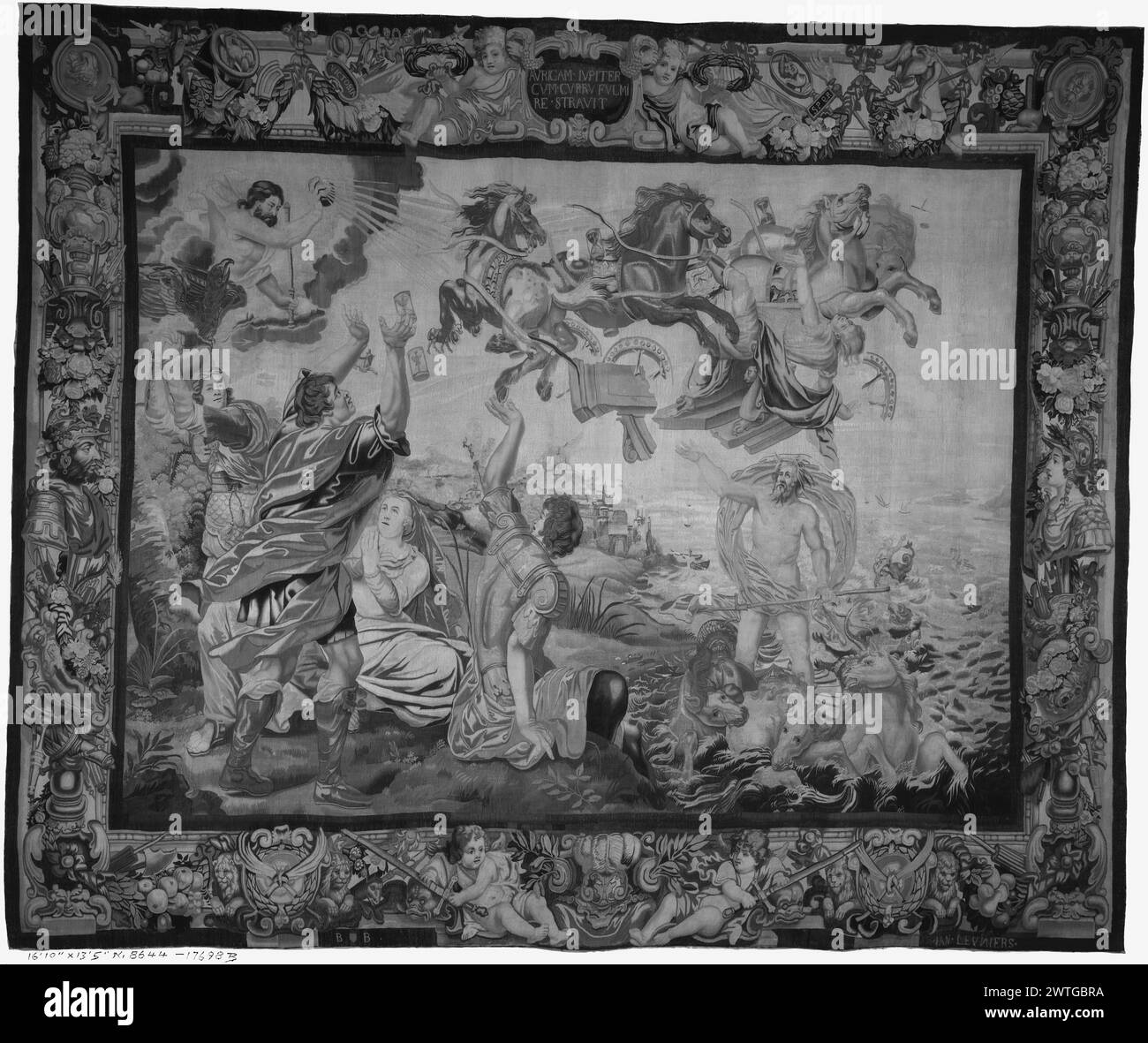 Fall of Phaethon. Leyniers, Jan (Flemish, 1630-1686) (workshop) [weaver] c. 1650-1675 Tapestry Dimensions: H 13'5' x W 16'10' Tapestry Materials/Techniques: unknown Culture: Flemish Weaving Center: Brussels Ownership History: French & Co. purchased from J. P. Morgan, invoiced 11/25/1932 [SS 17698]. Inscriptions: City mark in lower guard, left side Inscriptions: Woven signature in lower guard, R: IAN.LEYNIERS Inscriptions: Inscription in upper border, central cartouche: AVRICAM.IVPTER / CVM.CVRRV.FVLMI / RE.STRAVIT Inscriptions: Inscription in upper border, L: VICTORIA Inscriptions: Inscription Stock Photo