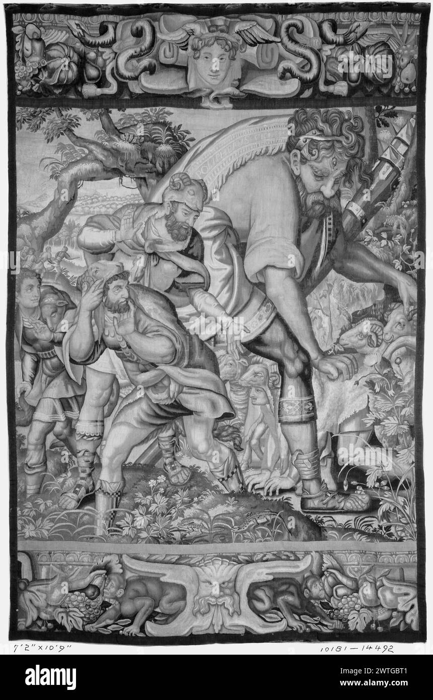 Ulysses and his men slip away concealed under rams as Polyphemus feels backs of rams leaving his cave. Straet, Jan van der (Netherlandish (before 1600) - Flanders, 1523-1605) (author of design, attr.) [painter] c. 1620-1640 Tapestry Dimensions: H 10'9' x W 7'2' Tapestry Materials/Techniques: unknown Culture: Flemish Weaving Center: Brussels Ownership History: French & Co. purchased from H. C. Bloomingdale, invoiced 10/14/1926. Related Works: Compositionally similar tapestry (same cartoon, different borders), Stockholm, Husgerådskammaren Stock Photo