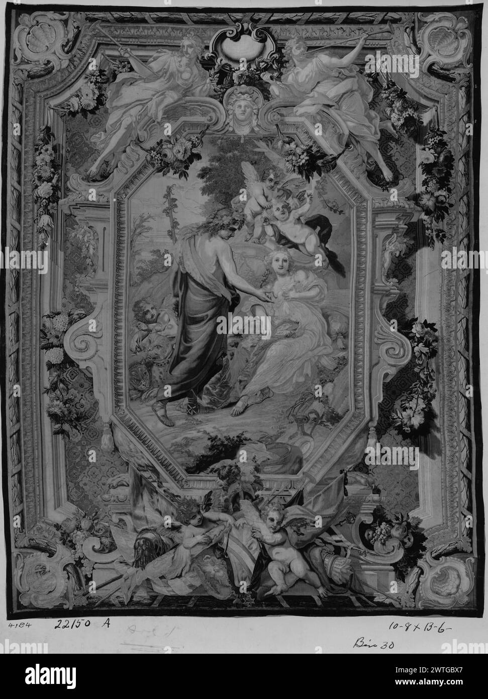 Bacchus (Dionysus) and Ariadne. unknown c. 1800-1850 ? Tapestry Dimensions: H 13'6' x W 10'8' Tapestry Materials/Techniques: unknown Culture: French Weaving Center: Aubusson Ownership History: French & Co. purchased from Mrs. George Blumenthal [first item on list of 6 tapestries, all in the present set], received 11/28/1919; transferred to stock no. 22150 [SS 10676]. In garden landscape, Bacchus & Ariadne, amongst cherubim, one alongside 2 leopards (L) (BRD) field within architectural, octagonal & godrooned central cartouche with (UPR BRD) 2 reclining figures of Fame (?), each holding a laurel Stock Photo