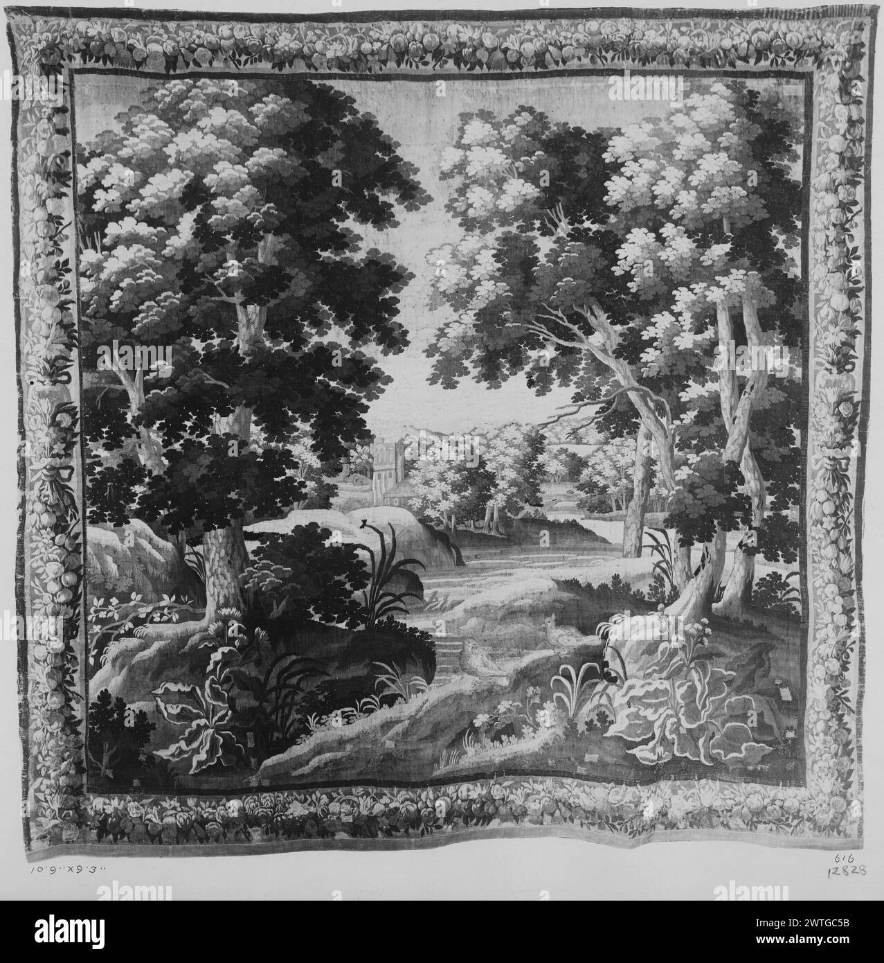 Landscape with birds, a creek, and buildings in distance. unknown c. 1675-1725 Tapestry Dimensions: H 9'3' x W 10'9' Tapestry Materials/Techniques: unknown Culture: Flemish Weaving Center: unknown Ownership History: French & Co. purchased from J. G. Luke (2856) 4/14/1924 [crossed out]; sold to R. D. Hopkins 12/17/1926. Stock Photo
