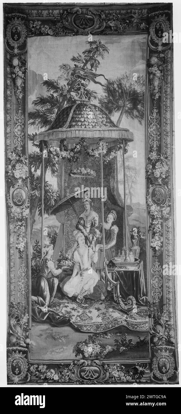 Empress's Tea. Vernansal, Guy-Louis (French, 1648-1729) (author of design, attr.) [painter] Monnoyer, Jean-Baptiste (French, 1636-1699) (author of design) [painter] Belin, Jean-Baptiste I (French, 1653-1715) (author of design) [painter] Béhagle, Philippe I (French, b.1641-d.1705) (workshop) [weaver] c. 1697-1705 Tapestry Dimensions: H 13'9' x W 6'3' Tapestry Materials/Techniques: wool & silk Culture: French Weaving Center: Beauvais Ownership History: Made for the Louis-Alexandre de Bourbon, comte de Toulouse & duc de Penthièvre. Louis-Jean-Marie de Bourbon, duc de Penthièvre coll. (son of the Stock Photo
