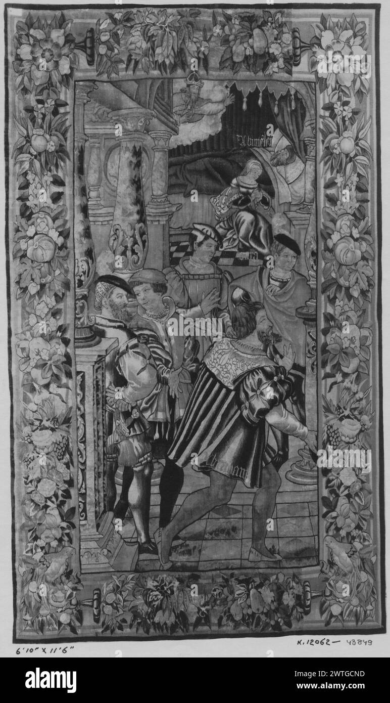 Abraham and Abimelech: dream of Abimelech. unknown c. 1535-1550 Tapestry Dimensions: H 11'6' x W 6'10' Tapestry Materials/Techniques: unknown Culture: Flemish Weaving Center: unknown Ownership History: French & Co. purchased from Estate of Della V. Chrysler 6/2/1941 [other dates listed: 11/17/1945, 1/8/1946]; sol dto Mr. Thomas Flannery 7/30/1964. Inscriptions: Inscriptions in central field, identifying figures: Abimelech, Sara In bedchamber, Abimelech, king of Gerar, dreaming in bed with Sarah seated next to him, as God (at top) appears to him, revealing Sarah's true identity; Abimelech relat Stock Photo