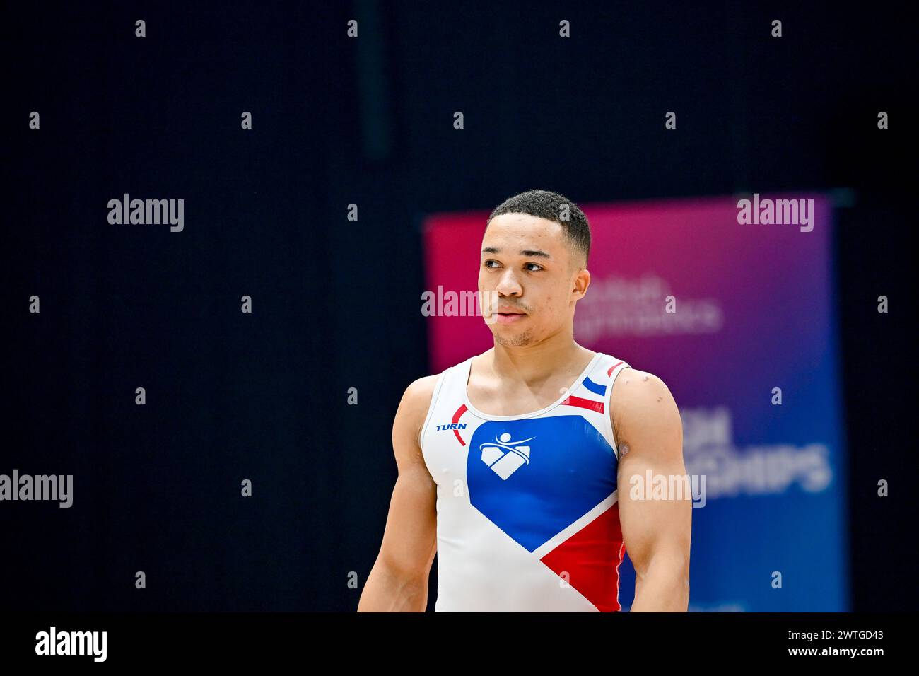 Liverpool, England, UK. 17th Mar, 2024. Joe Fraser prepares for the Mens Floor Final during the British Gymnastics Championships at the M&S Bank Arena, Liverpool, England, UK. Credit: LFP/Alamy Live News Stock Photo