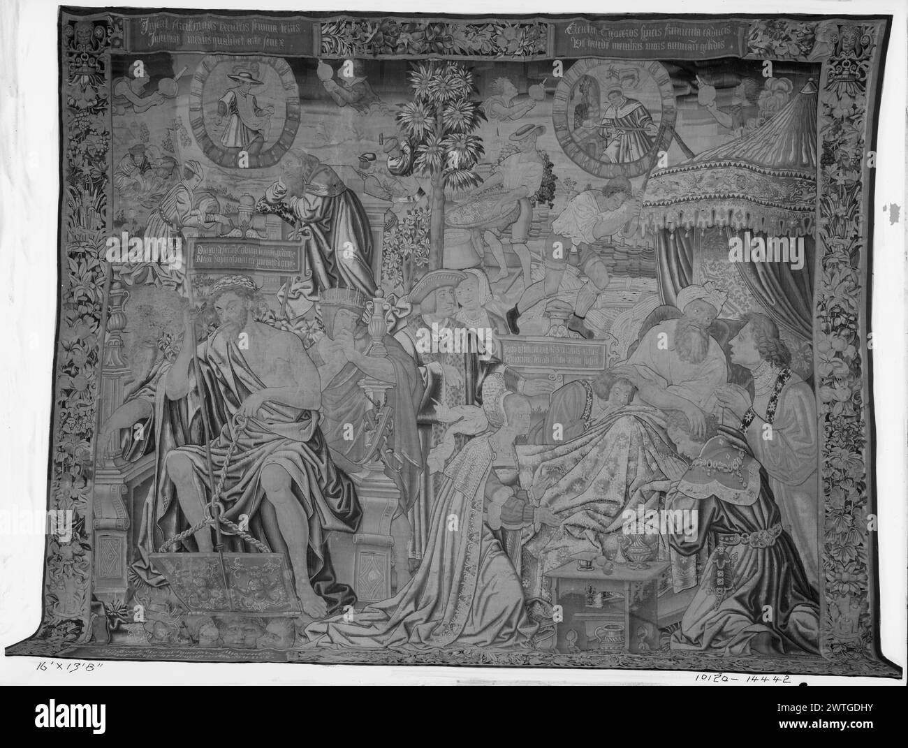 Last three Ages of Man (54-60). unknown c. 1525-1540 Tapestry Dimensions: H 13'8' x W 16' Tapestry Materials/Techniques: unknown Culture: Southern Netherlands Weaving Center: unknown Ownership History: French & Co. Inscriptions: Inscription in central field (L) [mostly legible in photograph]:.. TOBIAN/NATU SOPHROSYNEN CU[M] PIETATE DOCET Inscriptions: Inscription in central field (R) [mostly legible in photograph]:.. SPIRITUS ARTUS/.. JACOB.. REGNA SUBIT Inscriptions: Inscription in upper border, left banderole [mostly legible in photograph]: INSERIT.. EXCULTIS SEMINA TERRIS/INSTITUIT.. QUALIB Stock Photo