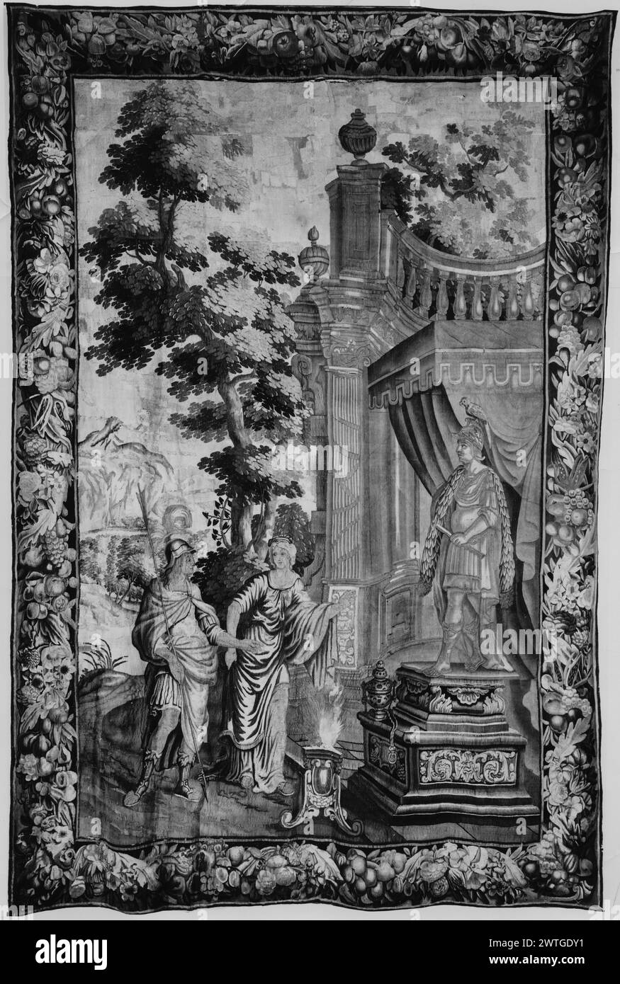 scene. unknown c. 1660-1680 Tapestry Materials/Techniques: unknown Culture: Flemish Weaving Center: unknown Ownership History: French & Co. purchased from Andre Azria, received 7/26/1961; sold to American Foreign Trade Development [Company] 8/13/1963. On pedestal beneath canopy stands Jupiter (?) with scepter, laurel swag, eagle & crown on head (R); soldier with plumed helmet & female figure (L) stand before burning altar (BRD) garland with fruit & flowers French & Co. stock sheet in archive, E-37 [also lists: G-99] Related Works: Compositionally similar tapestry (same cartoon): GCPA 0240319 Stock Photo