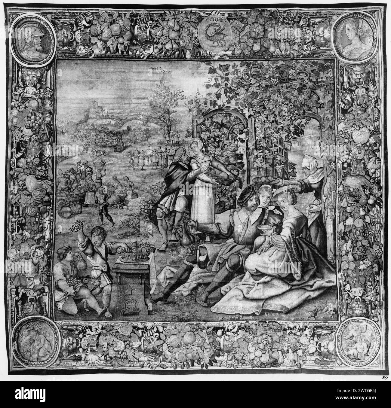 October. Master of the Months of Lucas (Netherlandish (before 1600), 1494-1533) (author of design, attr.) [painter] Kempener, Willem I (Netherlandish (before 1600) - Flanders, 1535) (workshop) [weaver] c. 1540 Tapestry Dimensions: H 10'5' x W 12'7' Tapestry Materials/Techniques: unknown Culture: Flemish Weaving Center: Brussels Ownership History: Barberini coll. (purchased about 1625). Charles M. Ffoulke coll., 1889. Mrs. E. H.[Edward Henry] Harriman coll. French & Co. United States, Nebraska, Omaha, Joslyn Art Museum. Inscriptions: Inscription in upper border, center medallion: OCTOBER 2 chil Stock Photo