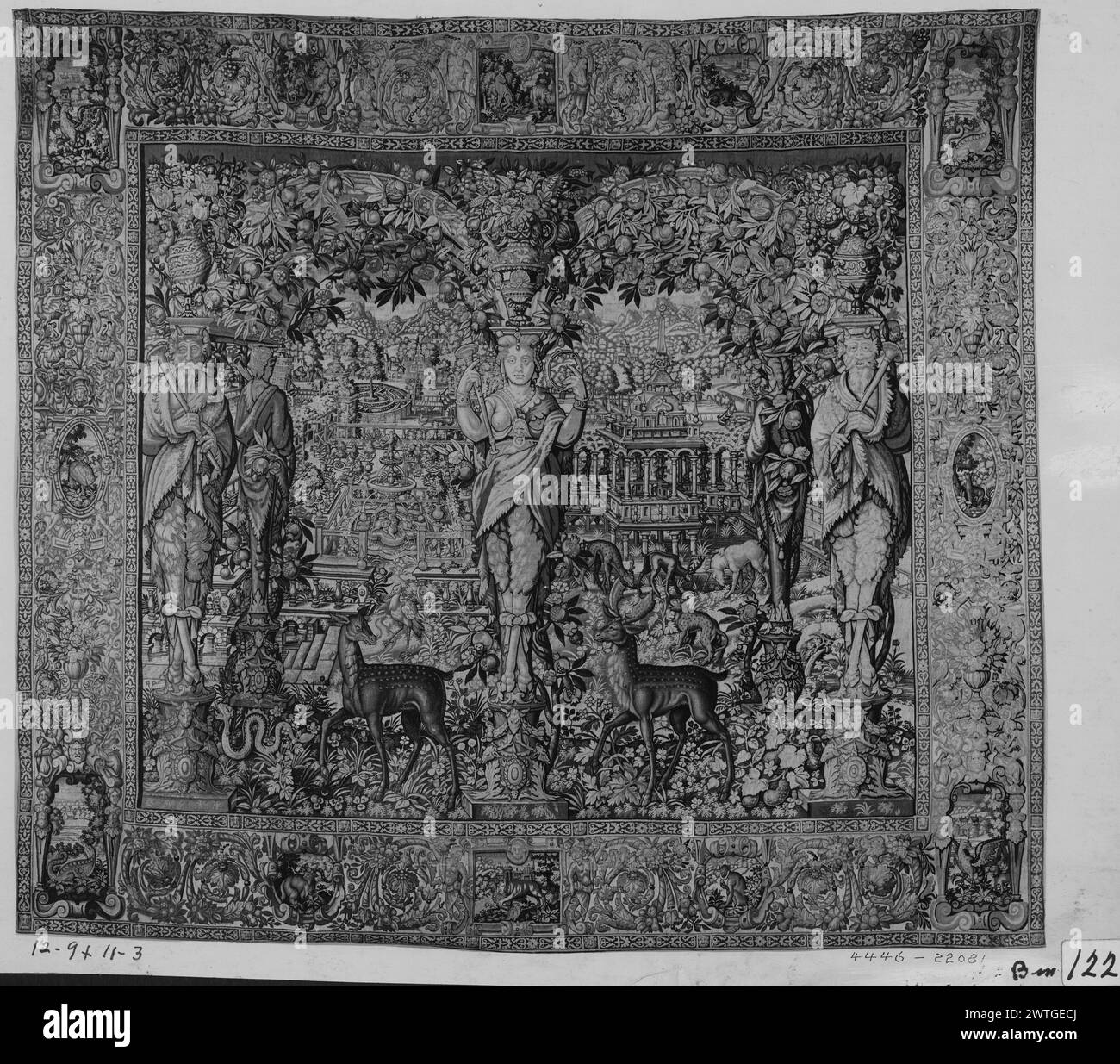 Pergola with bacchic caryatids and atlantes. unknown c. 16101620 Tapestry Dimensions: H 11'3' x W 12'9' Tapestry Materials/Techniques: unknown Culture: Flemish Weaving Center: Brussels Ownership History: French & Co. purchased from The Kent Gallery 1/4/1920; sent to Mr. C. Geren (?) for approval on 6/6/1961 (returned?). 2 deer flank caryatid; garden park beyond (BRD) segmented border with scenes in cartouches, vases with flowers, masks & other decorative elements French & Co. stock sheet in archive, 22081 Related Works: Compositionally similar tapestries (very similar cartoon), GCPA 0236886-02 Stock Photo