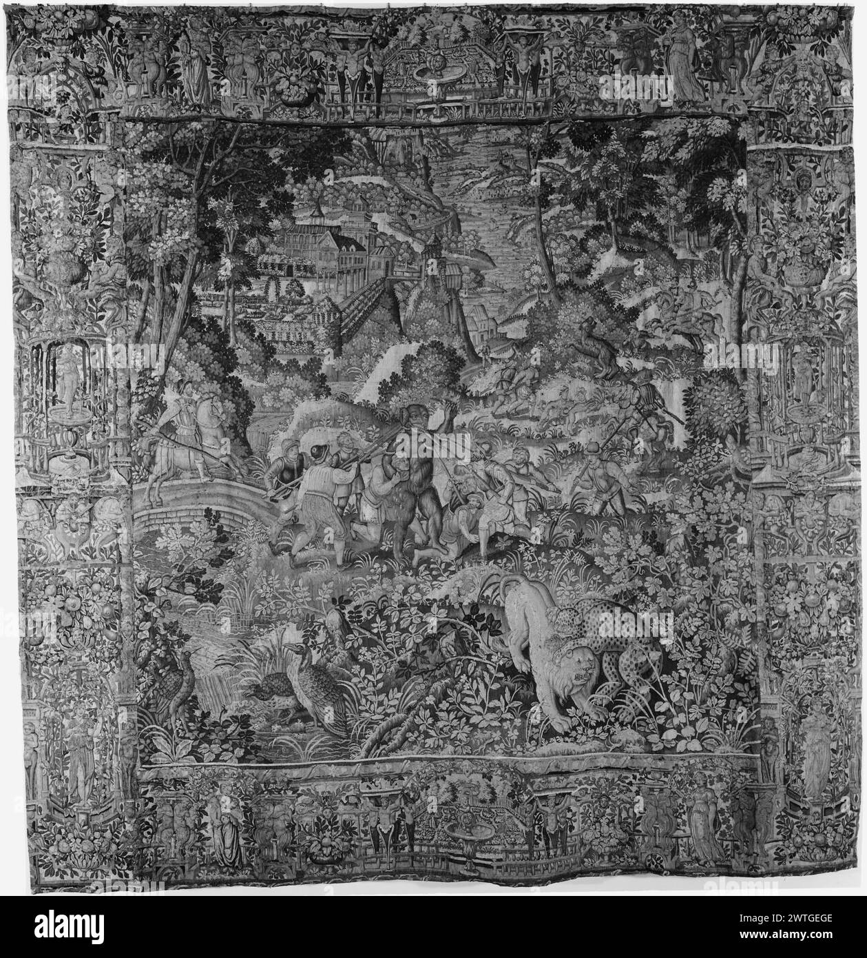 Game park with bear hunt. unknown c. 1580-1600 Tapestry Dimensions: H 11'2' x W 10'6' Tapestry Materials/Techniques: unknown Culture: Flemish Weaving Center: Brussels Ownership History: French & Co. purchased with 1/2 interest with Charles, 11/21/1919; sold at Charles auction sale # 705 11/26/1920 [SS 7571-98]. French & Co. purchased from American Art Association (Charles) 11/17/1920; sold to Miss B. Skinner 2/25/1926 [SS 22989]. French & Co. purchased from James Graham & Sons, received 5/25/1959; sold to V & C [Vigo & Charles] Sternberg 1/20/1962. [SS B-679]. Birds next to stream; leopard att Stock Photo