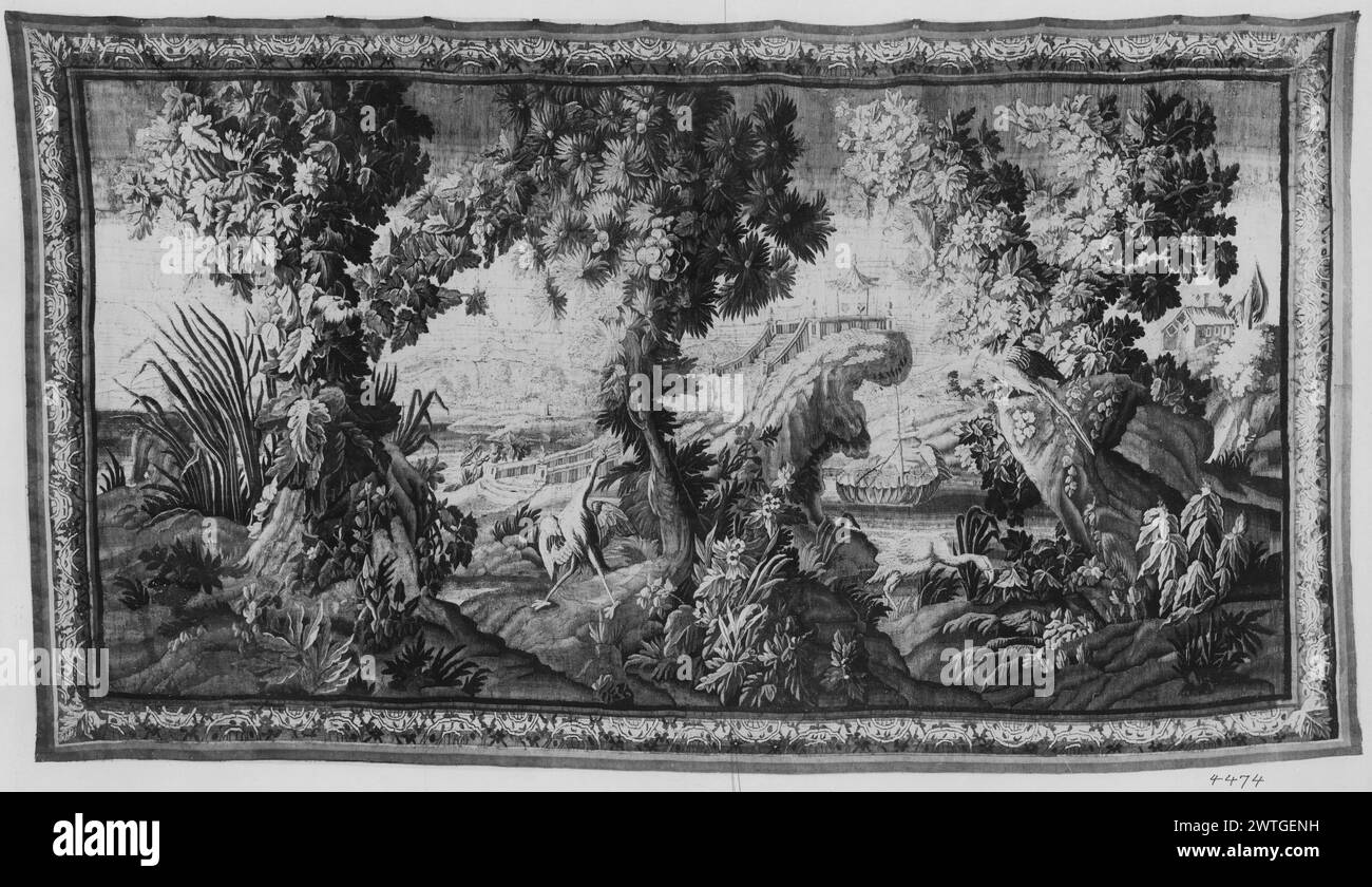 Exotic chinoiserie landscape. Pillement, Jean (French, 1728-1808) (designed after) [painter] c. 1770-1800 Tapestry Dimensions: H 15'7' x W 8'8' Tapestry Materials/Techniques: unknown Culture: French Weaving Center: Aubusson Ownership History: French & Co. purchased from Henry Symons, received 4/2/1920; sold to P. [Preston] P. [Pope] Satterwhite 4/26/1920 [SS 22371]. French & Co. purchased from P.P. Satterwhite 2/10/1921; sold to B. N. Duke 6/28/1921 [SS 23244]. Scene divided by 3 leafy, flowering trees with fruits; a heron with other birds in foreground; long staircase leading to pagoda on out Stock Photo
