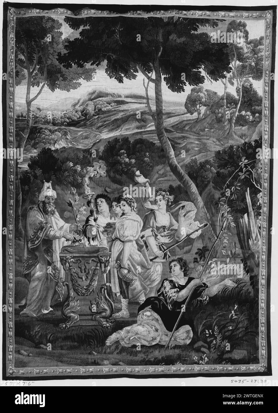 scene. unknown c. 1710 Tapestry Dimensions: H 7'6' x W 5'7' Tapestry Materials/Techniques: unknown Culture: Flemish Weaving Center: Brussels Ownership History: French & Co. purchased from Harder Julius 2/9/1921; sold to W. O. Chrysler 6/30/1921. In landscape, high priest making offering at altar surrounded by several female figures wearing laurel wreaths; reclining shepherdess nearby (BRD) picture-frame border with abstracted acanthus-leaf motif with foliage moldings in each corner French & Co. stock sheet in archive, 23228 Related Works: Compositionally similar tapestries (full composition), Stock Photo