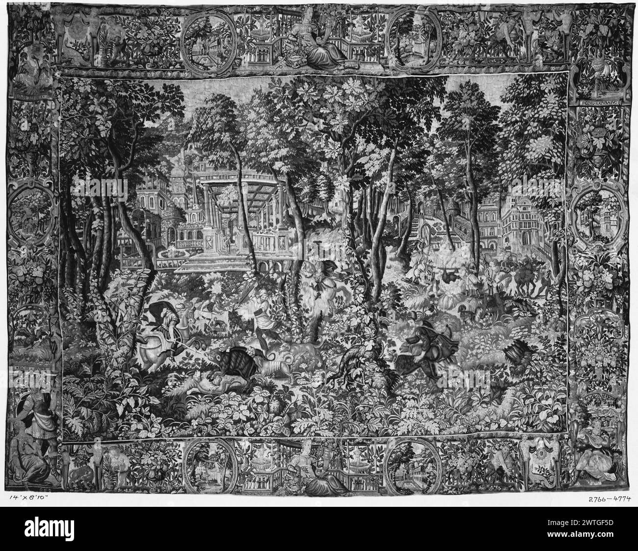 Game park with boar hunt. unknown c. 1580-1600 Tapestry Dimensions: H 10'8' x W 14' Tapestry Materials/Techniques: wool; linen Culture: Flemish Weaving Center: Brussels Ownership History: French & Co. purchased from Charles (1/2 interest); transferred to stock number 4774 [SS 7232]. French & Co. purchased from Charles 3/23/1918; sold to John S. Keshishyan 1/22/1929 [SS 4774]. Gift of Wilber Leigh Batteson. Exhibited: 'Woven Myths & History' Los Angeles County Museum of Art 4/28-9/11/1983. United States, California, Los Angeles, Los Angeles County Museum of Art, accno. 57.57. Inscriptions: City Stock Photo