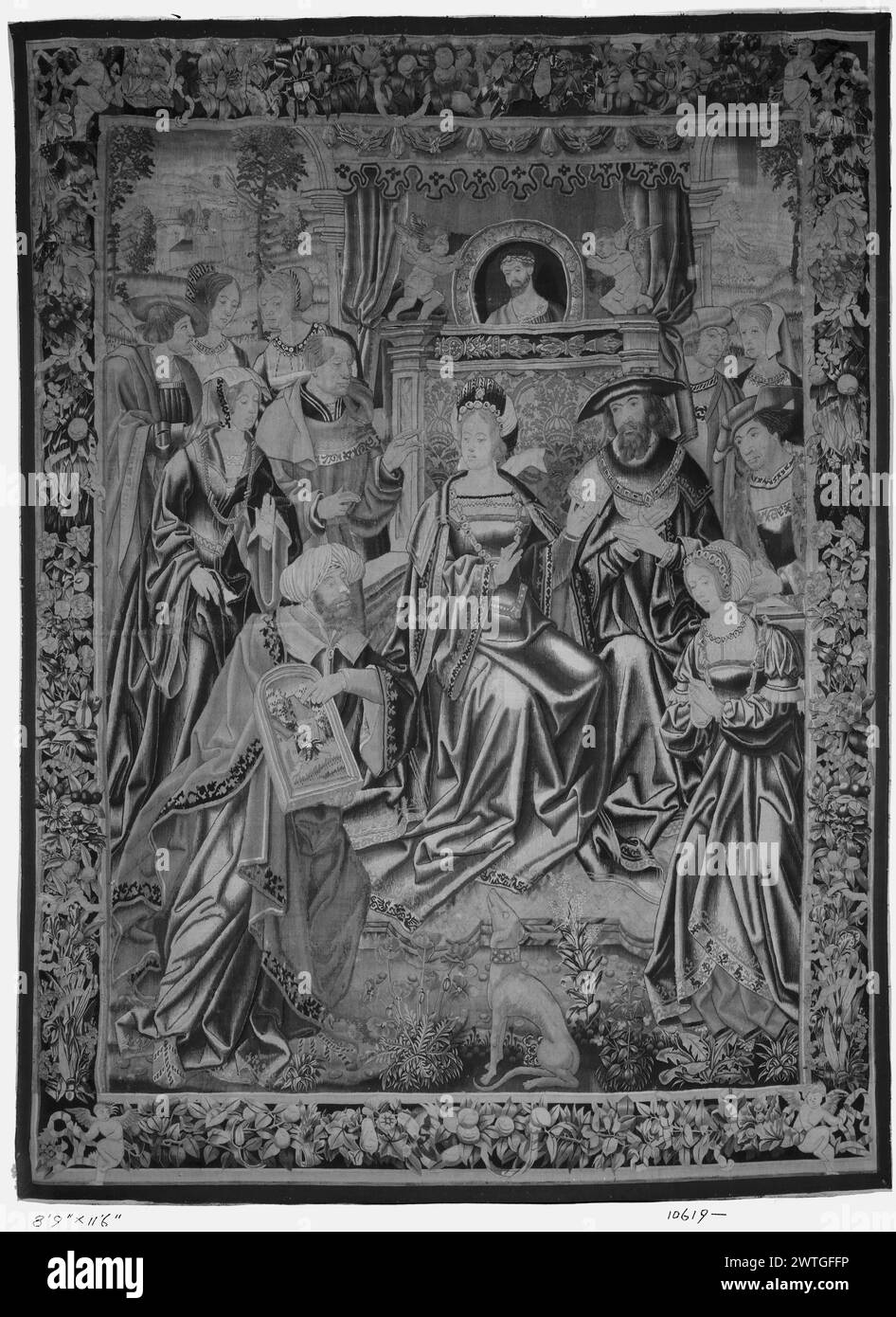 David and Bathsheba: David rebuked by Nathan. unknown c. 1520-1530 Tapestry Dimensions: H 11'6' x W 8'9' Tapestry Materials/Techniques: unknown Culture: Flemish Weaving Center: Brussels Ownership History: French & Co. purchased from A. J. Kobler, invoiced 2/23/1927 (crossed out & replaced with: 3/1/1927); sold to E. W. Hellwig 2/26/1927. In landscape, Nathan, before enthroned David & Bathsheba, holds picture illustrating his parable (rich man takes poor man's lamb to prepare it for his guest), & accuses David of his misdeed (2 Samuel 11-12); above throne, medallion portrait of David as young m Stock Photo