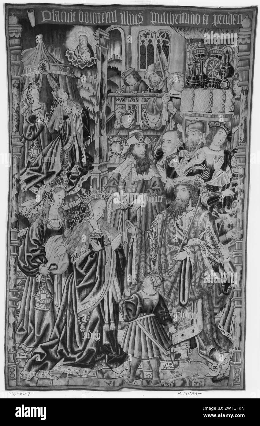 Judith before Holofernes. unknown c. 1480-1500 Tapestry Dimensions: H 11'7' x W 7'8' Tapestry Materials/Techniques: wool (warp: 5-6/cm); silk Culture: Southern Netherlands Ownership History: French & Co. received from Henry Symons, invoiced 4/23/1929; returned 5/13/1929. Belgium, Brabant, Brussels, Musées royaux d'art et d'histoire. Inscriptions: Inscription in central field, at top: PLACVIT HOLOFERNI ILLIVS PVLCHRITVDO ET PRVDENTIA Inscriptions: Inscription in central field, identifying figures [some include]: JVDICH, HOLOFERNE, VAGIO Judith & her attendant in Holofernes' camp (L, background) Stock Photo