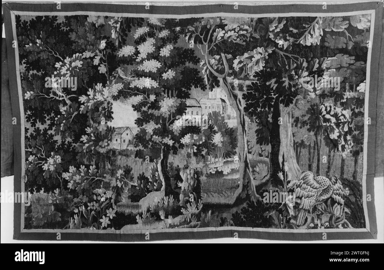 Landscape with rooster and buildings. unknown c. 1680-1720 Tapestry Dimensions: H 4'3' x W 6'7.5' Tapestry Materials/Techniques: unknown Culture: Flemish Weaving Center: unknown Ownership History: French & Co. purchased from Mr. Tobi, received 7/9/1946; sold to Major J. E. N. Portès 6/24/1953. Stock Photo
