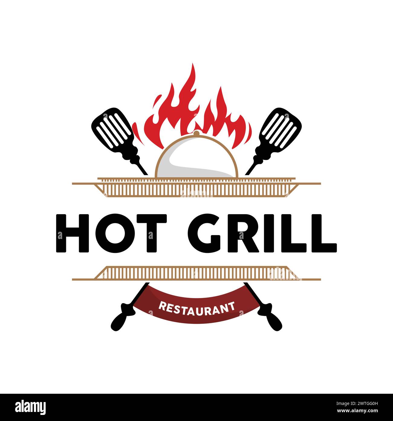 Barbeque Logo, Hot Grill Design With Fire And Spatula, Vector BBQ Grill Vintage Tripography, Retro Rustic Logo For Cafe, Restaurant, Bar Stock Vector