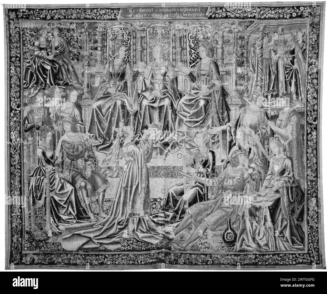 Court scene with lovers and wedding. unknown c. 1500-1525 Tapestry Dimensions: H 10'8' x W 13'4' Tapestry Materials/Techniques: unknown Culture: Southern Netherlands Weaving Center: unknown Ownership History: French & Co. purchased from The Cleveland Museum of Art, received 1/24/1961; sold to V. [Vigo] Sternberg 6/17/1963. Inscriptions: Inscription in upper border: NE / FACERET / VINDICTA[M] / DEP[RE]CAVER[UN]T m(?) / FRATRES QUOD / JOSEPH / [UM]VE[N] DIDERU[N]T Stock Photo