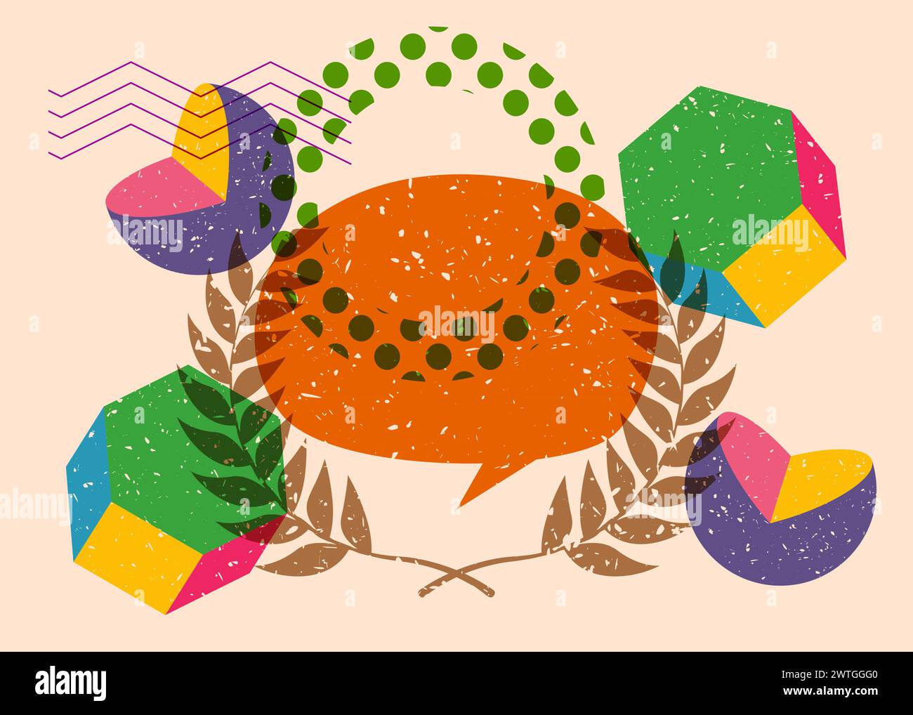 Risograph Laurel Wreath with speech bubble with geometric shapes. Objects in trendy riso graph print texture style design with geometry elements. Stock Vector