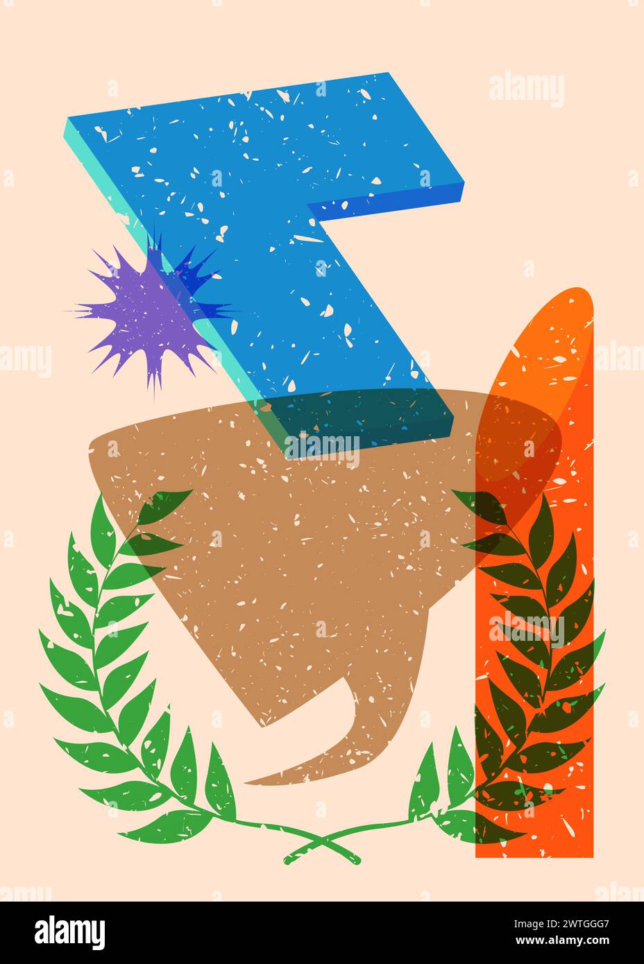 Risograph Laurel Wreath with speech bubble with geometric shapes. Objects in trendy riso graph print texture style design with geometry elements. Stock Vector