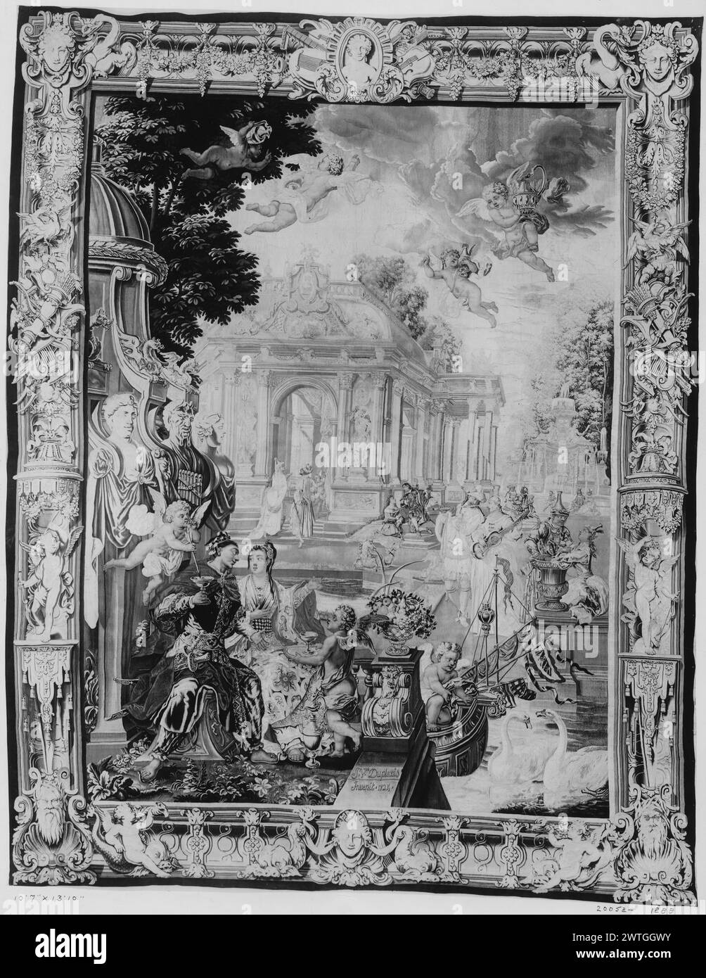 Temple of Venus. Duplessis, Jacques (French, act.1721) (author of design) [draughtsman] Mérou, Noël Antoine de (French, act.1722-1734) (workshop) [weaver] dated 1725 Tapestry Dimensions: H 13'10' x W 10'7' Tapestry Materials/Techniques: unknown Culture: French Weaving Center: Beauvais Ownership History: A. Polovtsoff coll.; sold in Paris 12/2p-4/1909. French & Co. purchased from Percival Farquar 10/8/1917; sold to Walter N. Feffords 5/31/1918; sold by children at Sothebys' 1991. United States, New York, New York, Sotheby's, June 1, 1991, lot 317. Inscriptions: Woven signature on ledge in lower Stock Photo