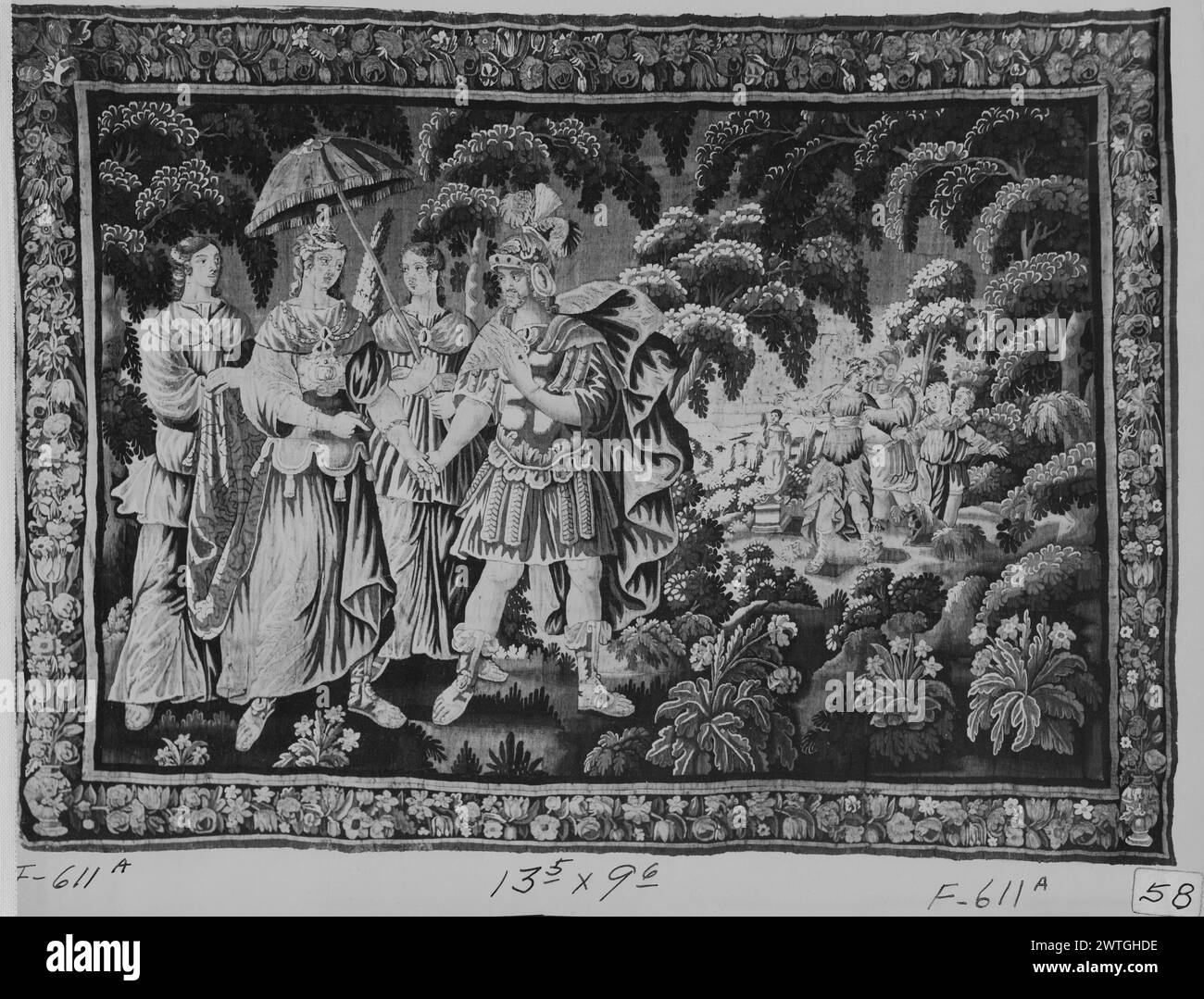 Wedding scene . unknown c. 1670 Tapestry Dimensions: H 9'6' x W 13'5' Tapestry Materials/Techniques: unknown Culture: French Weaving Center: Aubusson Ownership History: French & Co. Man dressed as Roman soldier with plumed helmet takes hand of crowned woman shaded by umbrella held by 1 of 2 attendants; in landscape setting with background figures (BRD) garland emanating from vases at base of side borders French & Co. stock sheet missing from archive, F-611-a Related Works: Panels in set, 0244208, 0209548, 0244279 Stock Photo