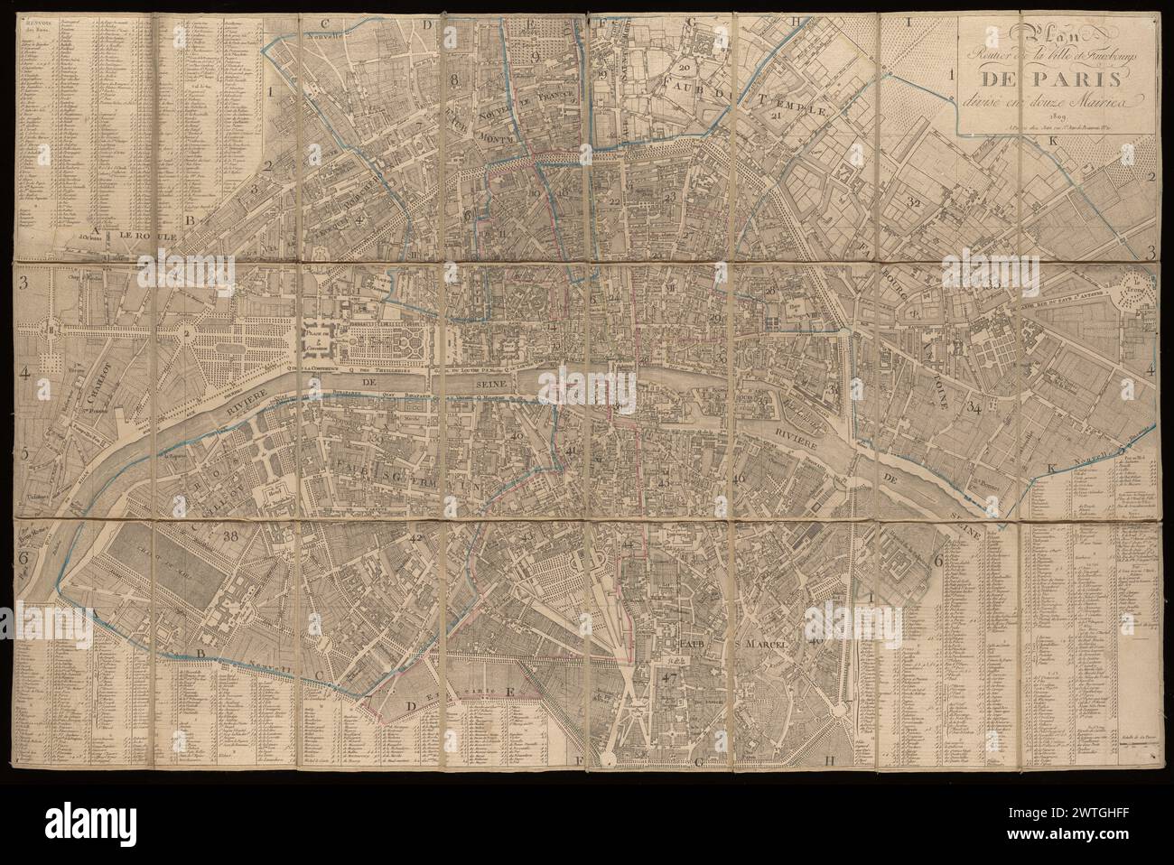 Plan routier de la ville et fauxbourgs de Paris : divisé en douze mairies, 1809. 1809 Title panel at upper right. The other corners contain 'Renvois des rues,' indexed to squares on plan labelled horizontally A-I, K and vertically 1-7. Scale bar of 150 toises at lower right. Boundaries of the 12 mairies traced in color. Plan cut into 24 rectangles and mounted on linen. Scale approximately 1:10,000. Written on verso of Getty copy is title in ink: Plan de Paris, an 1812 (the date corrected in pencil to 1809). Stock Photo