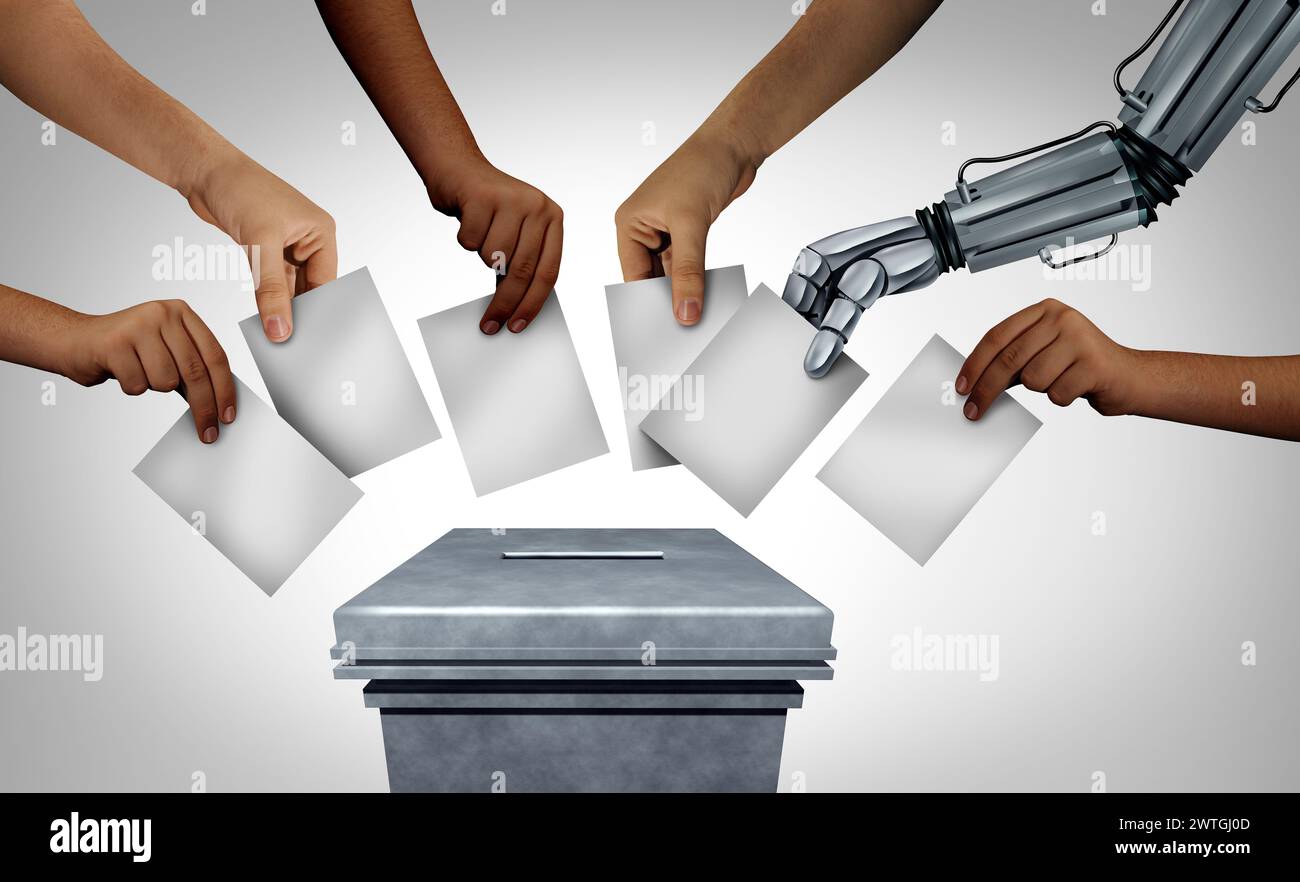 AI Politics And Society as a Community vote with a robot voting casting ballots as voter fraud or fake votes at a polling station as new election tech Stock Photo