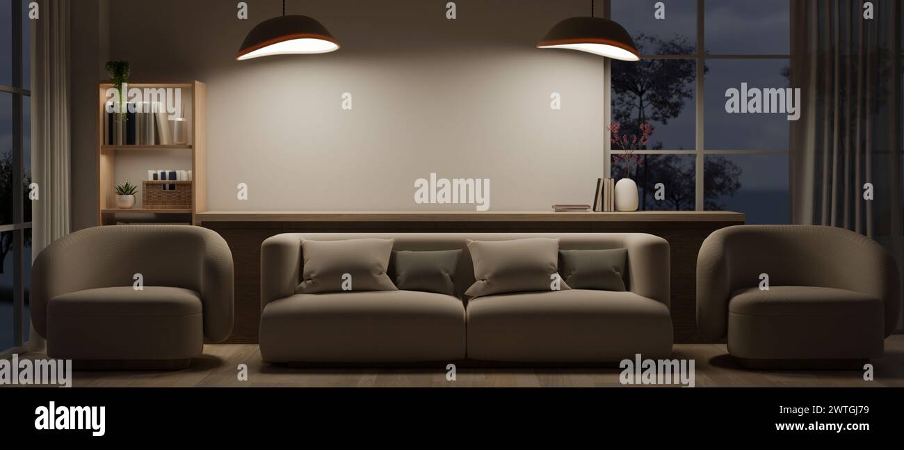 The interior design of a contemporary living room at night features a