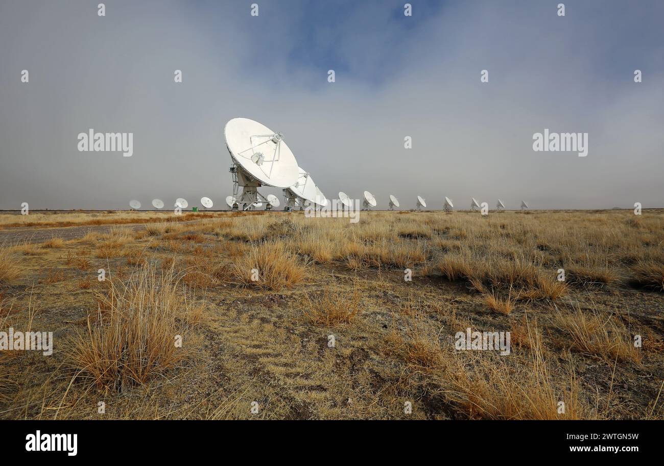 Low view at antennas - Very Large Array, New Mexico Stock Photo