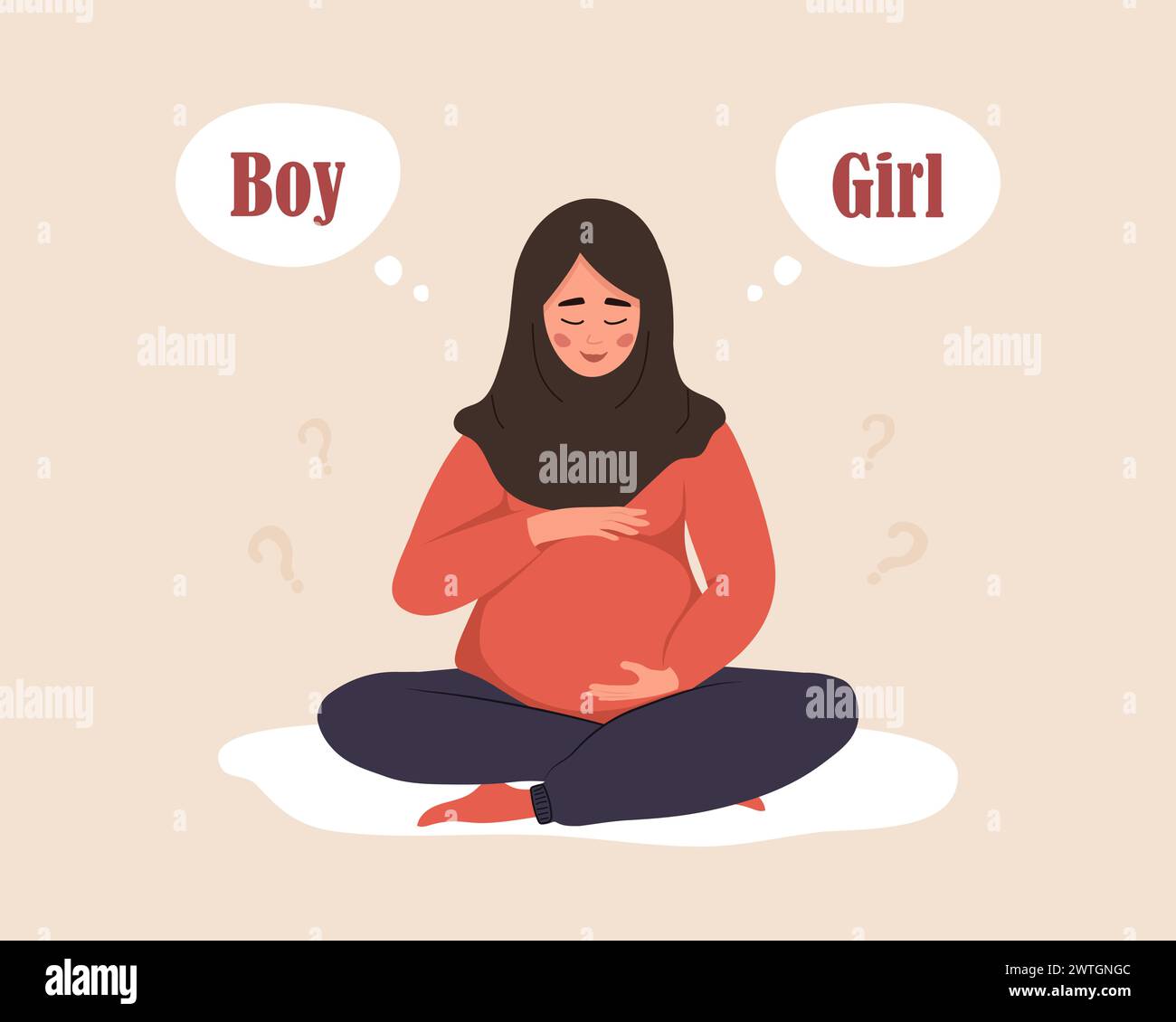 Boy or girl. Pregnant dreaming about of her future baby. Gender of child. Cute arabian woman in lotus position hugs tummy. Female character expecting Stock Vector